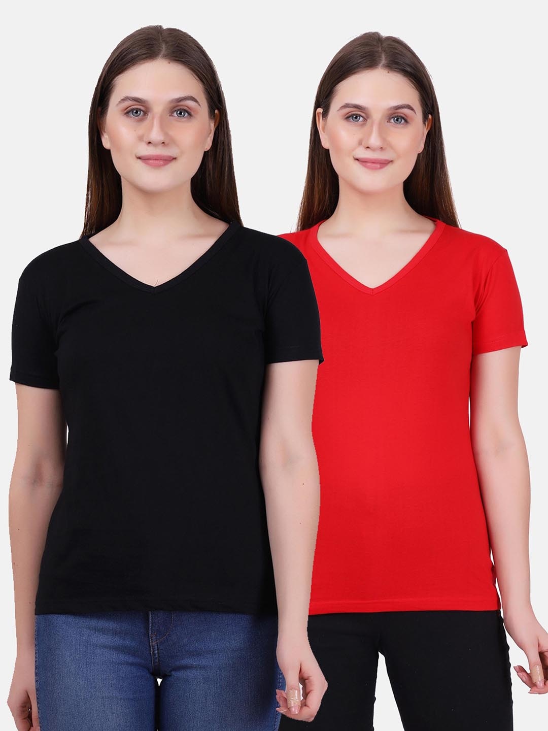 

Fleximaa Women Black & Red 2 V-Neck Applique T-shirt