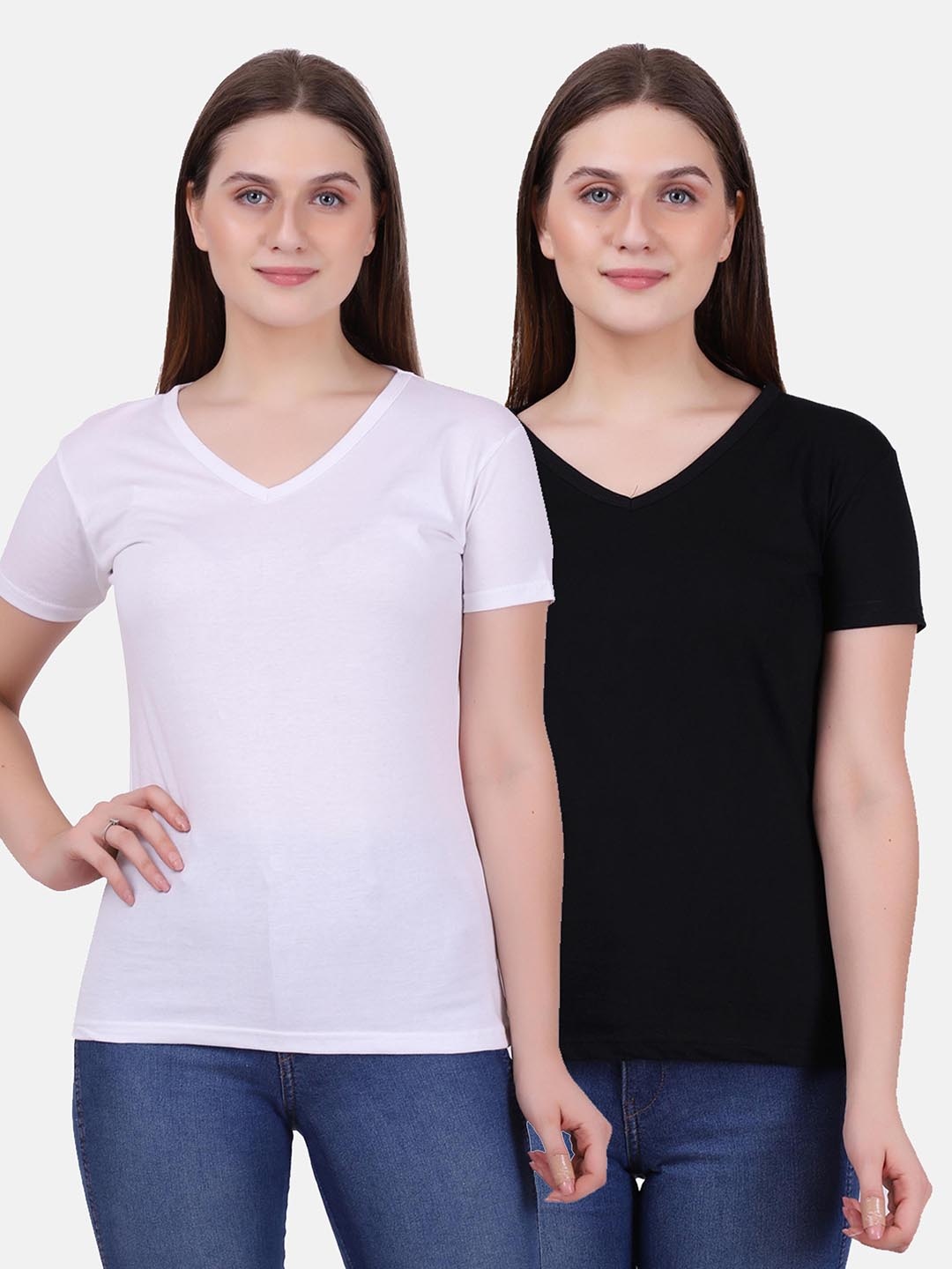 

Fleximaa Women White & Black Set Of 2 V-Neck Cotton T-shirt