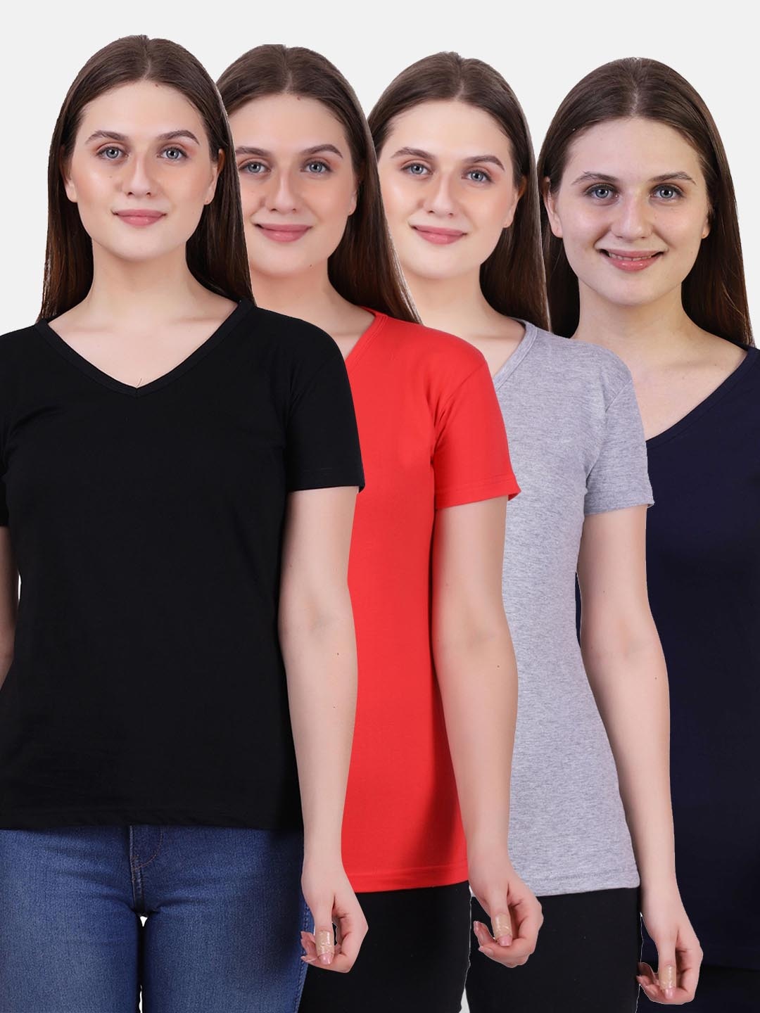 

Fleximaa Women Set Of 4 V-Neck Cotton T-shirt, Black