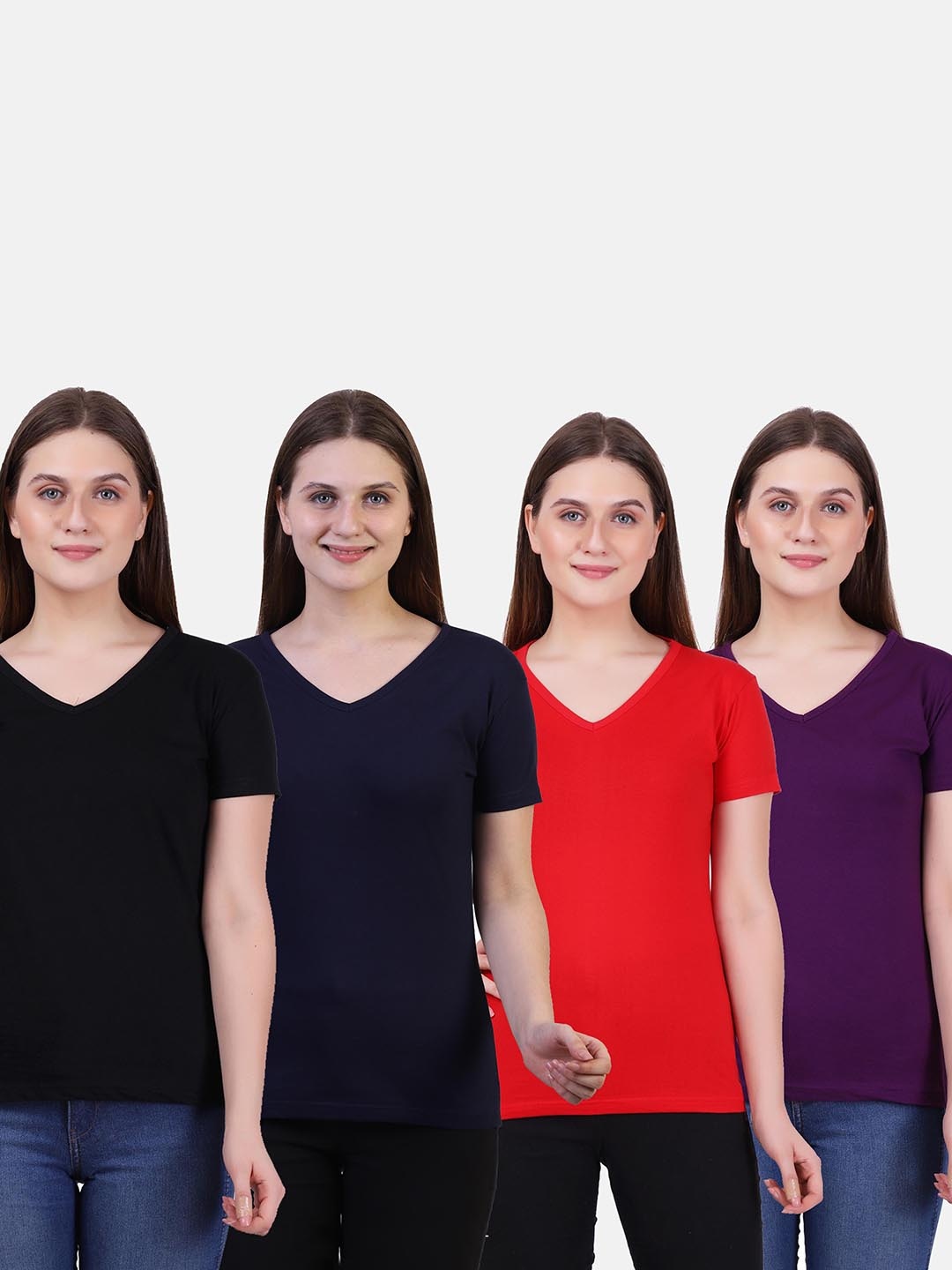 

Fleximaa Women Set Of 4 Navy Blue & Purple V-Neck T-shirt