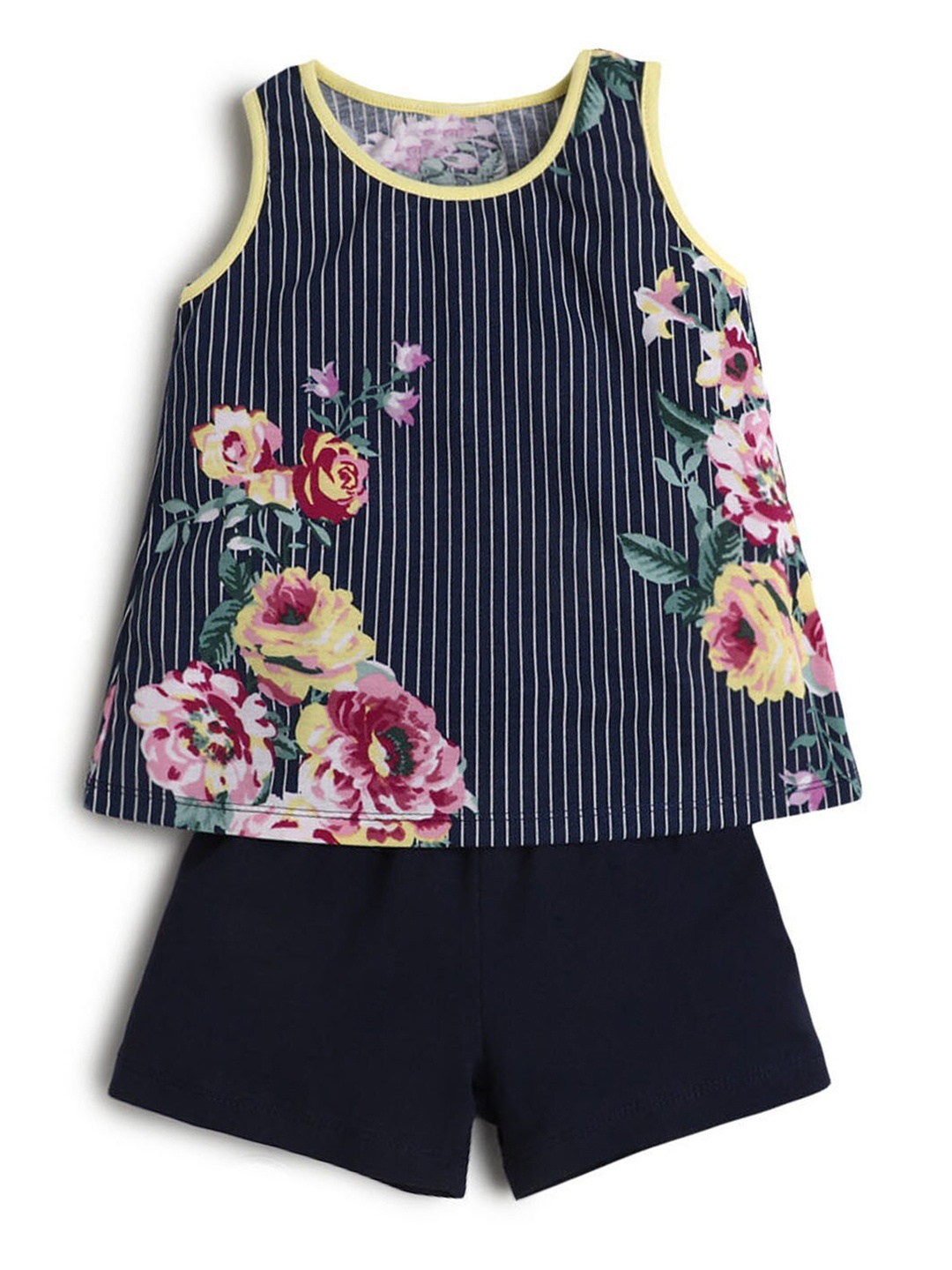 

Hopscotch Girls Navy Blue & Pink Printed Top with Shorts