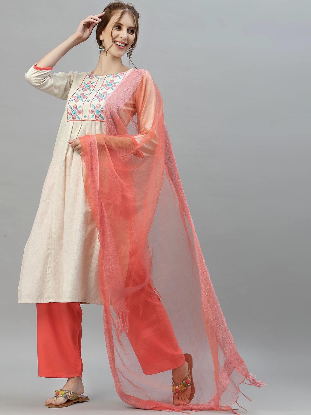 

KALINI Women Off White Ethnic Motifs Embroidered Pure Cotton Kurta Set