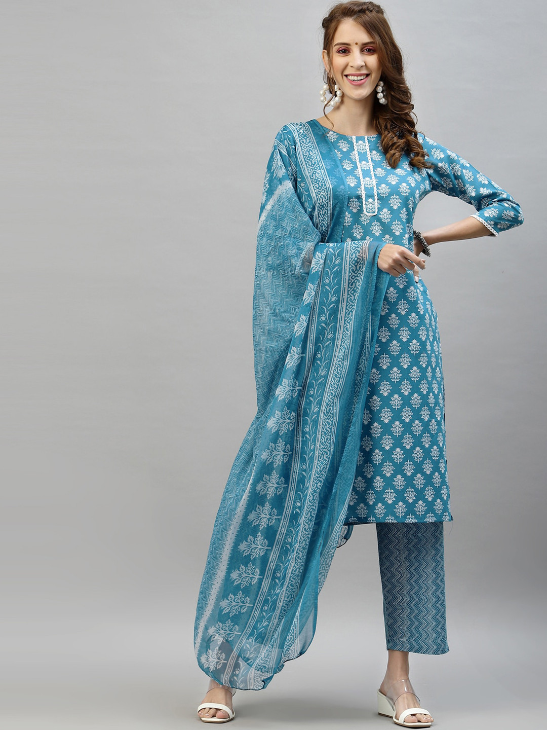 

KALINI Women Turquoise Blue Floral Printed Pure Cotton Kurta with Trousers & With Dupatta