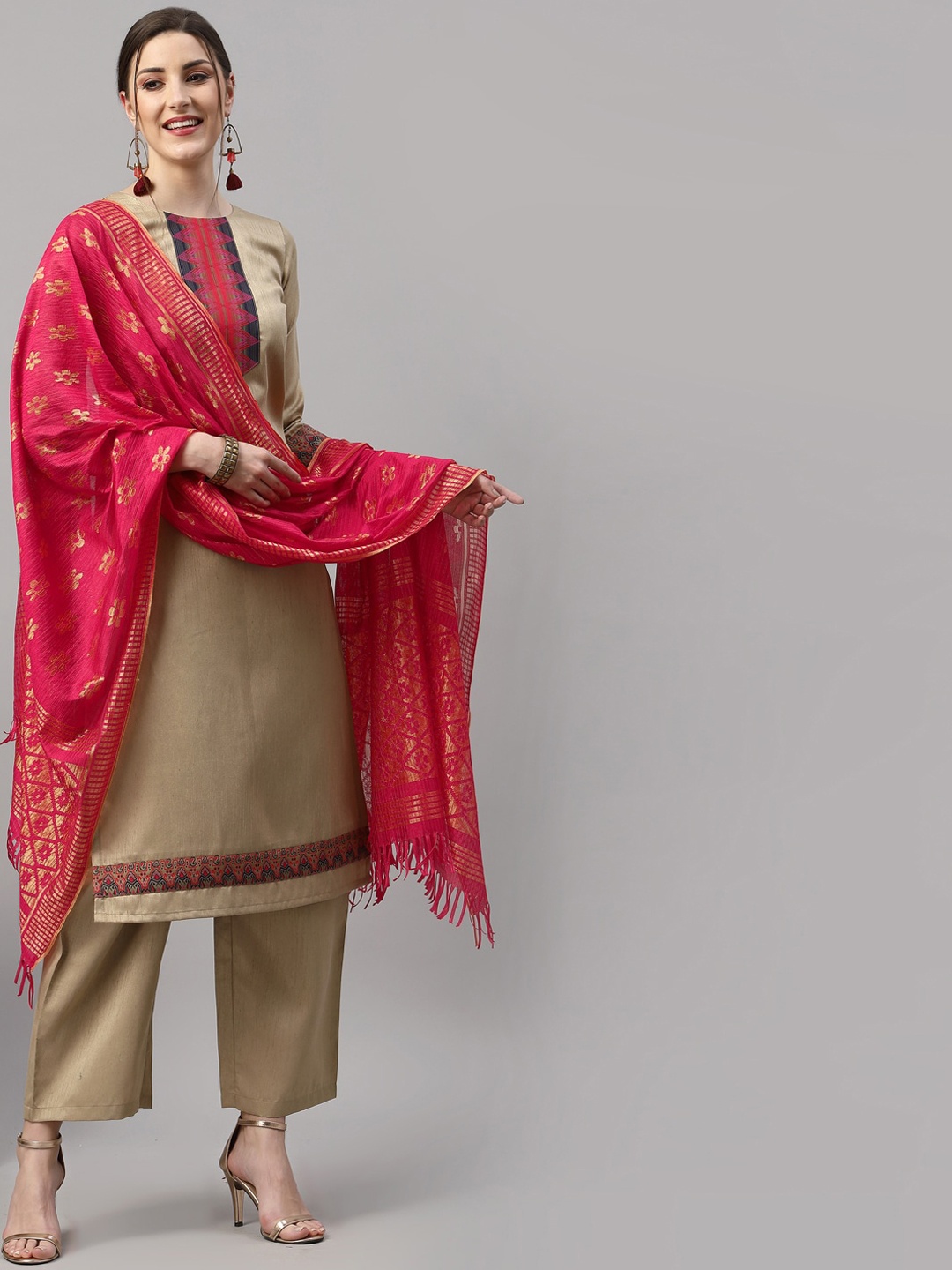 

KALINI Women Beige & Pink Woven Design Kurta Set