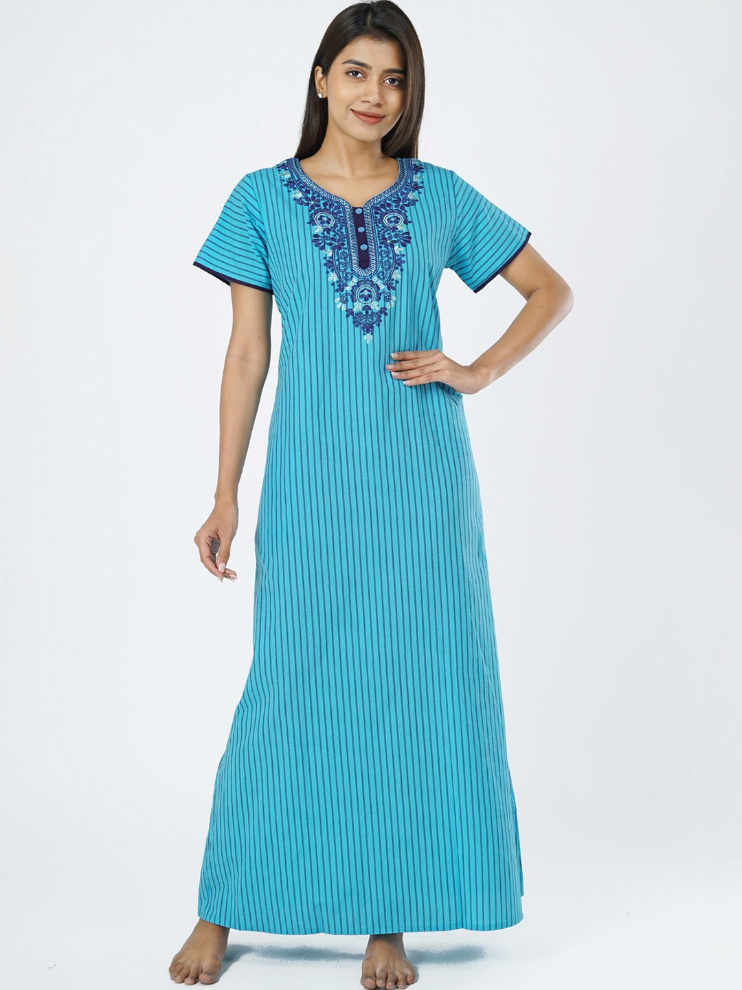 

Maybell Women Blue Striped Maxi Nightdress
