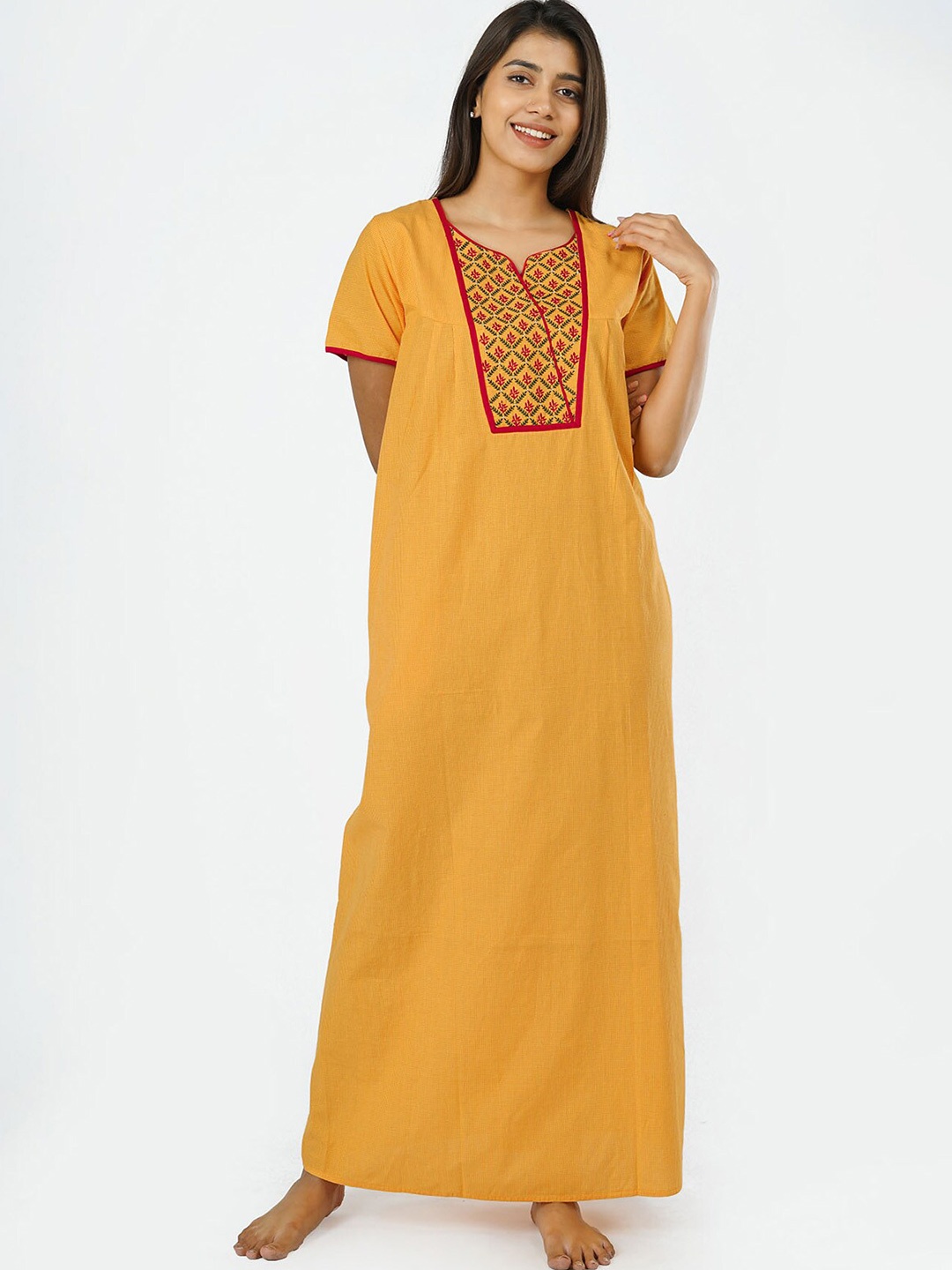 

Maybell Women Yellow Embroidered Pure Cotton Maxi Nightdress