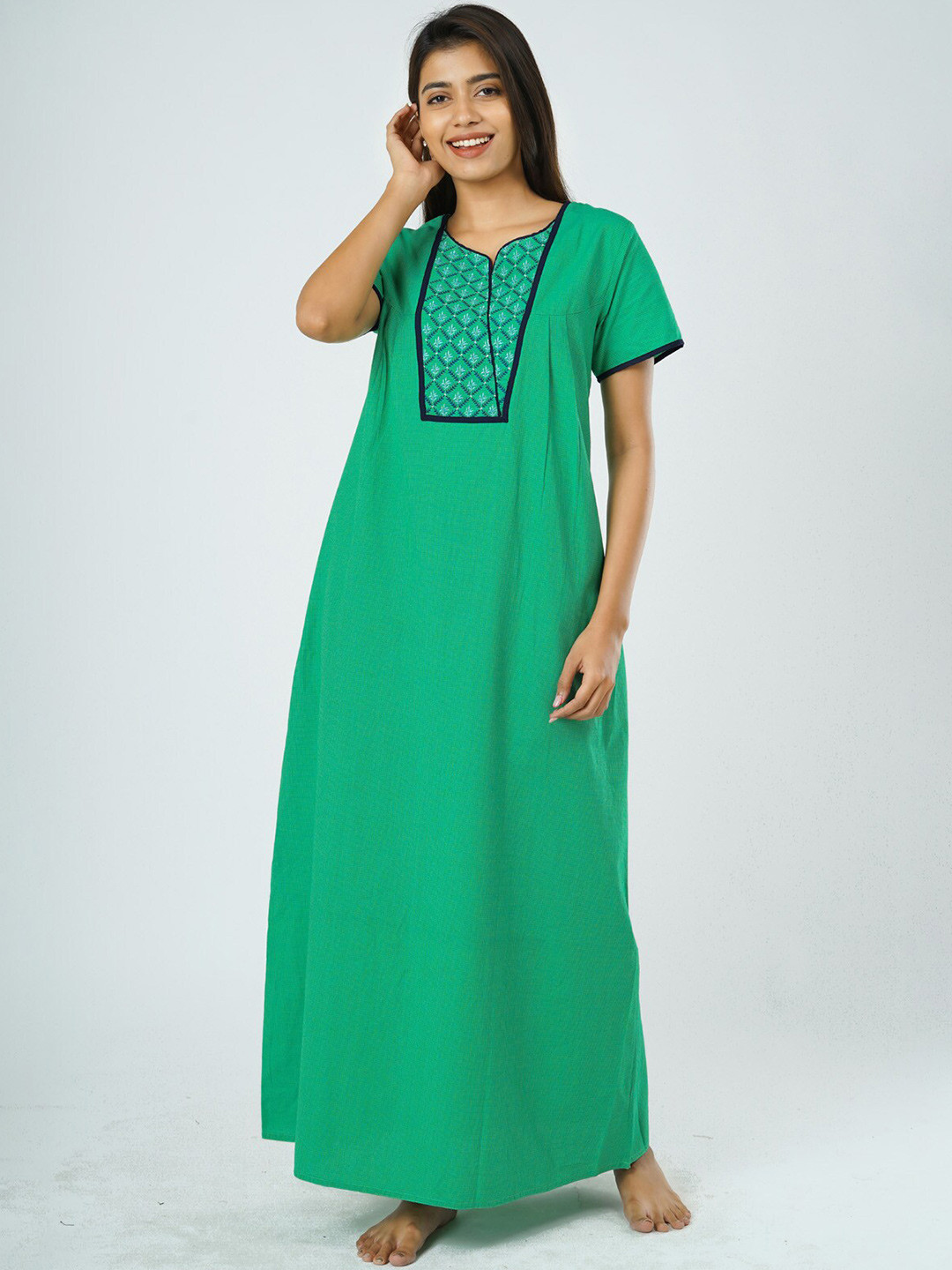 

Maybell Green Printed Pure Cotton Maxi Nightdress