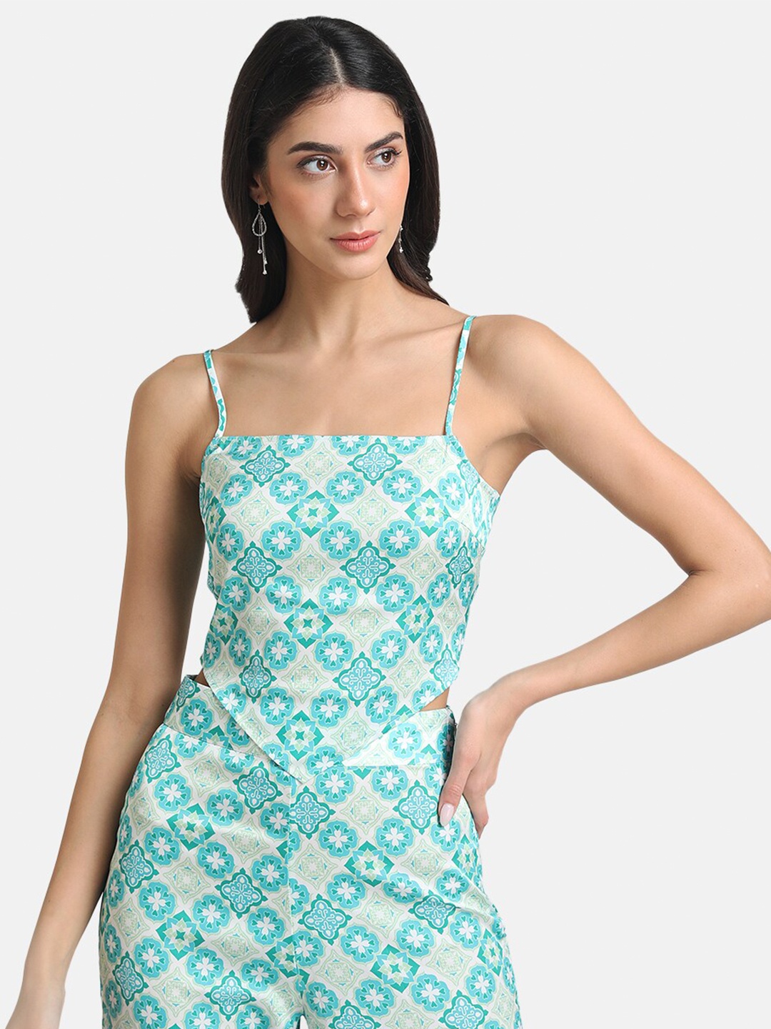 

Kazo Green Floral Print Satin Top with Back Tie-up