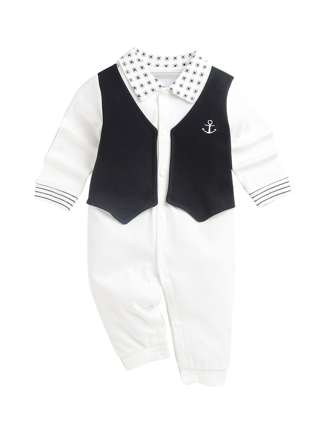 

Hopscotch Infant Boys Full-Sleeve White & Black Solid Pure Cotton Rompers