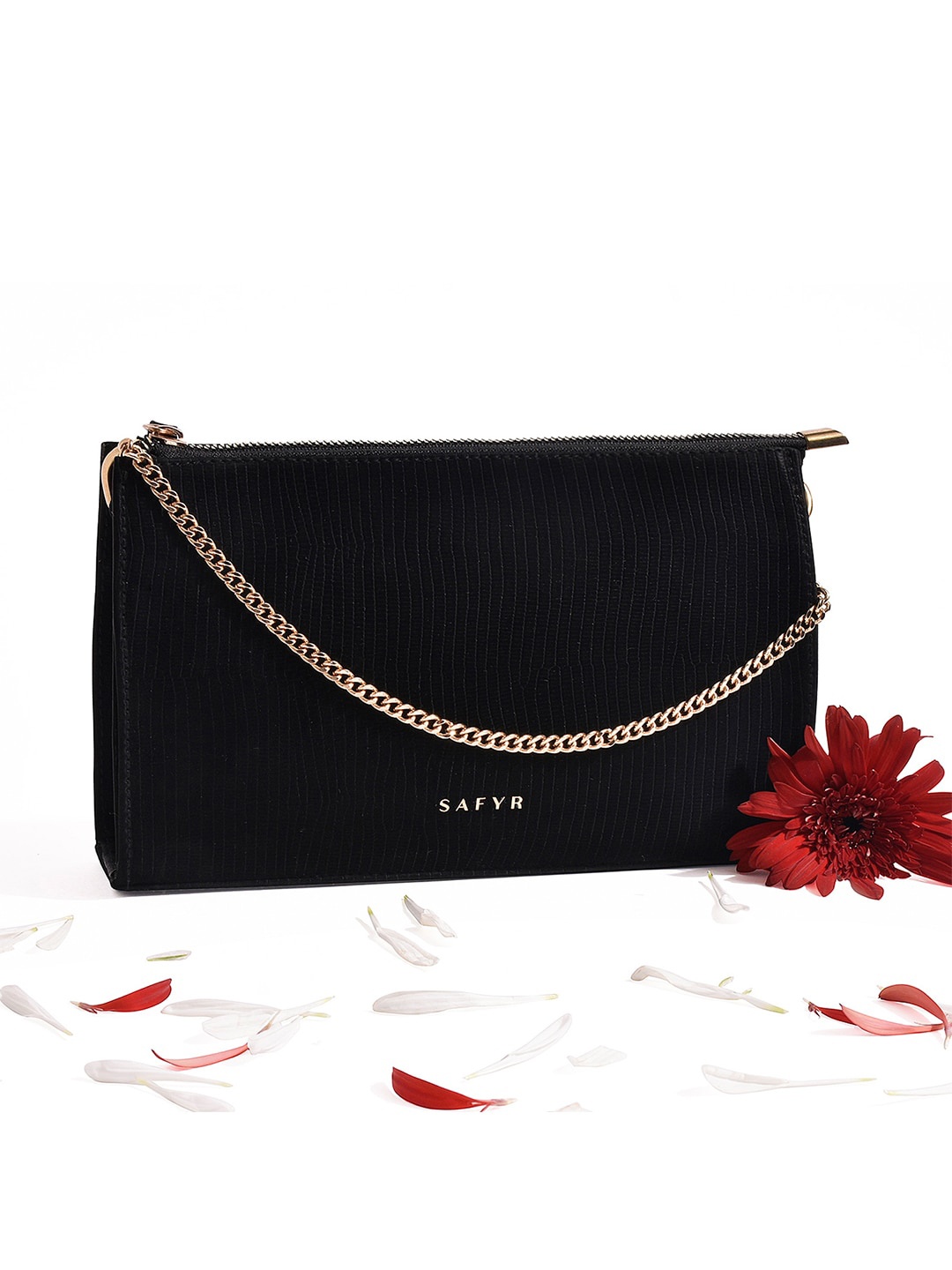

SAFYR Black Embellished Structured Shoulder Bag with Bow Detail