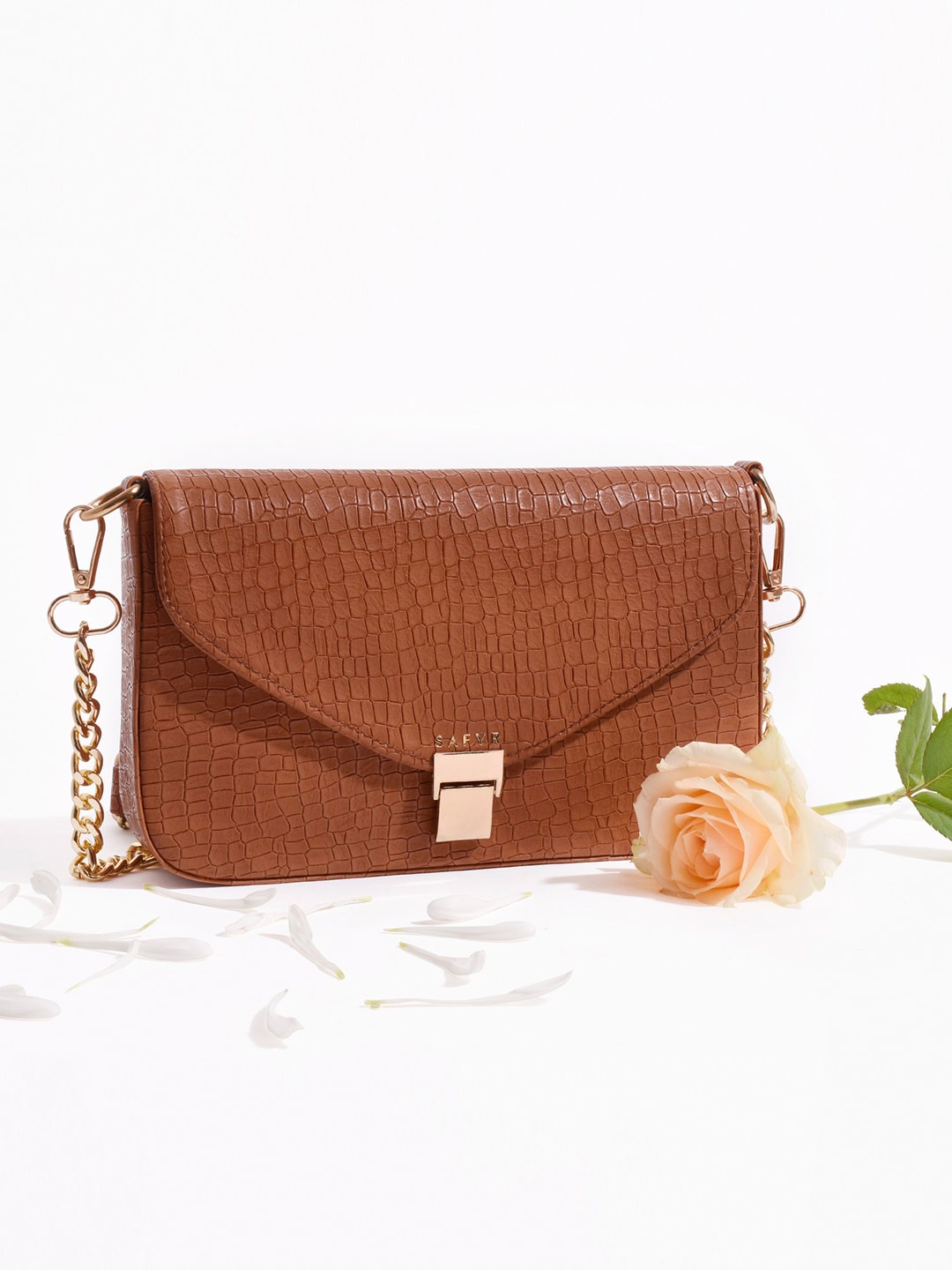 

SAFYR Tan Textured Structured Sling Bag with Detachable Sling