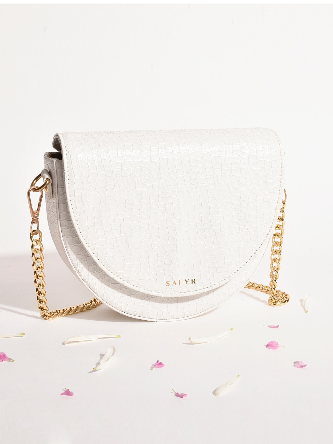 

SAFYR White Textured Half Moon Sling Bag