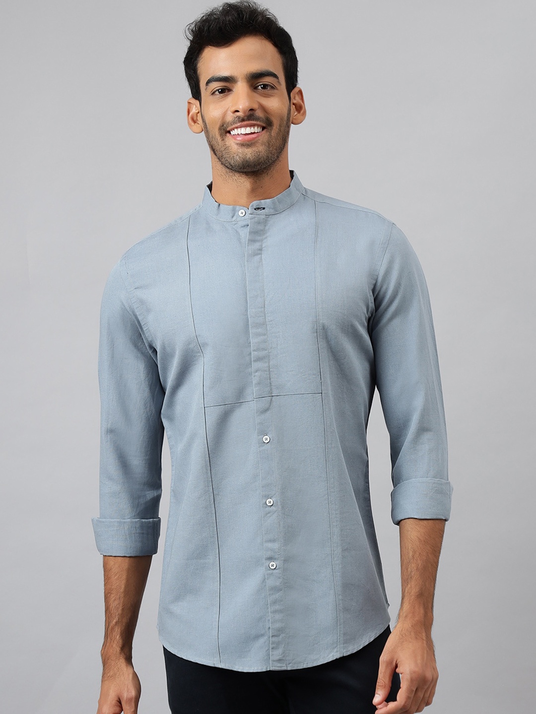 

MR BUTTON Men Blue Slim Fit Cotton Linen Casual Shirt