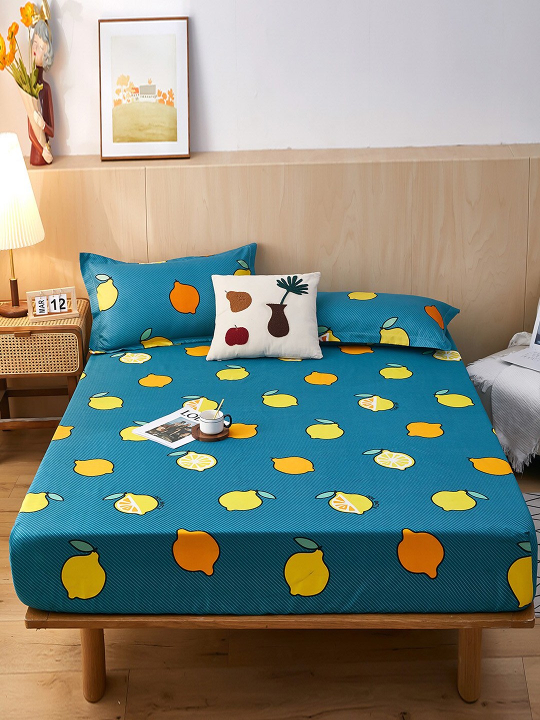 

JC HOME Yellow & Teal 160 TC Single Graphic Bedsheet with 1 Pillow Covers