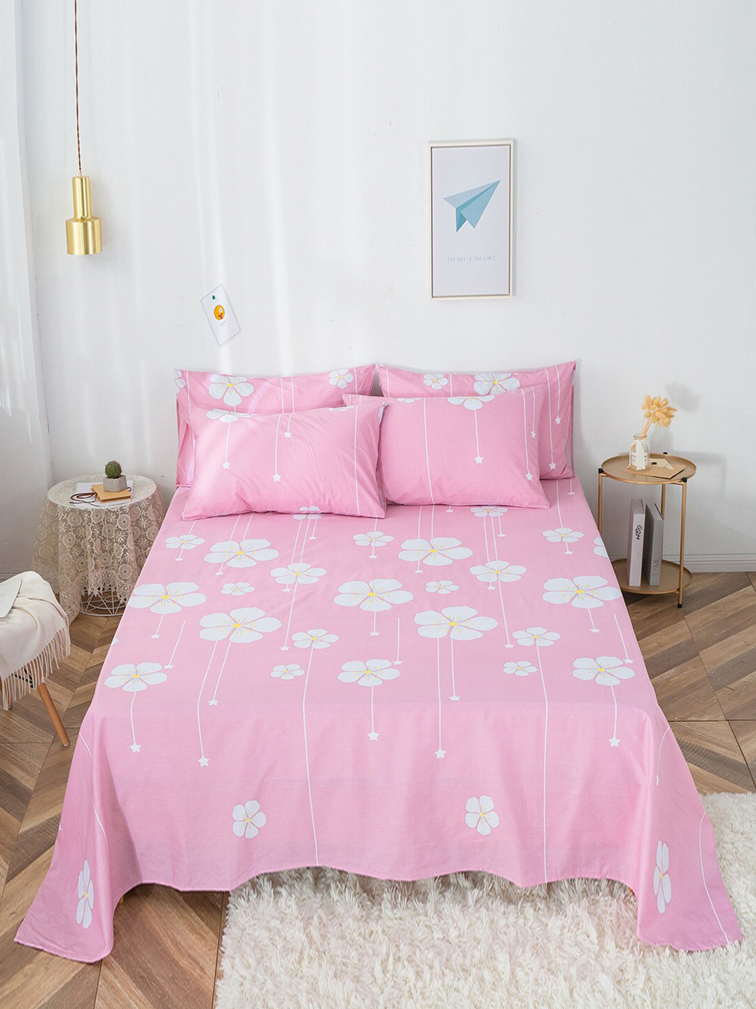 

JC Collection Pink & White Floral 200 TC Pure Cotton Single Bedsheet