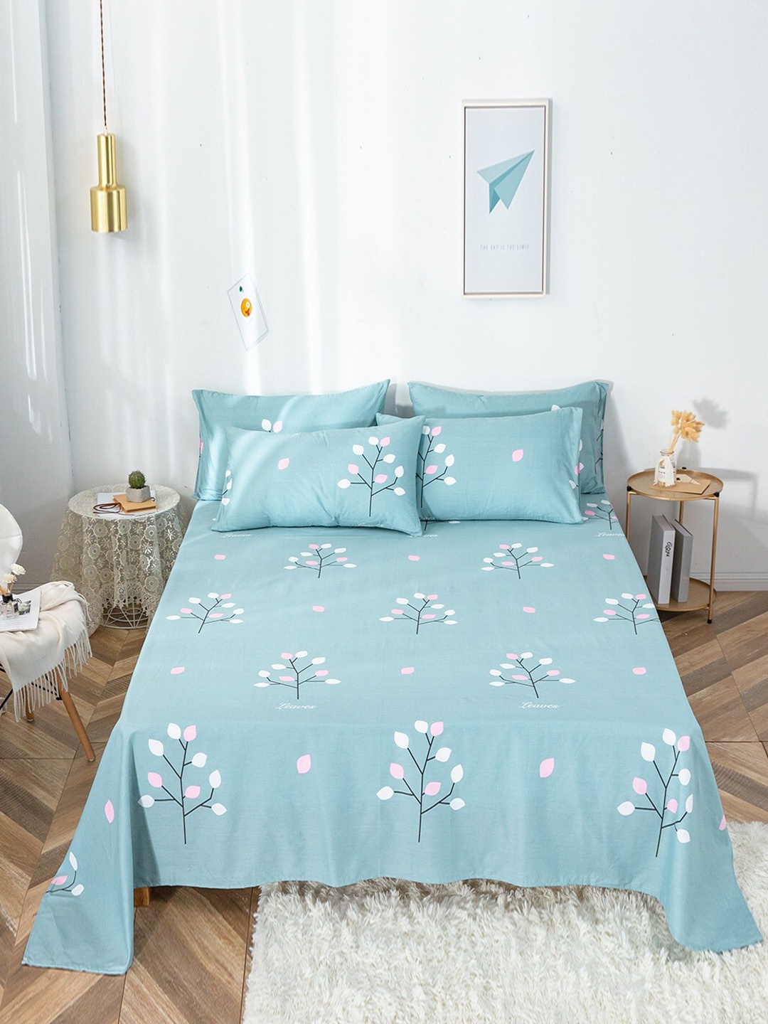 

JC HOME Sea Green & White Floral 200 TC Pure Cotton Single Bedsheet &1Pillow Covers