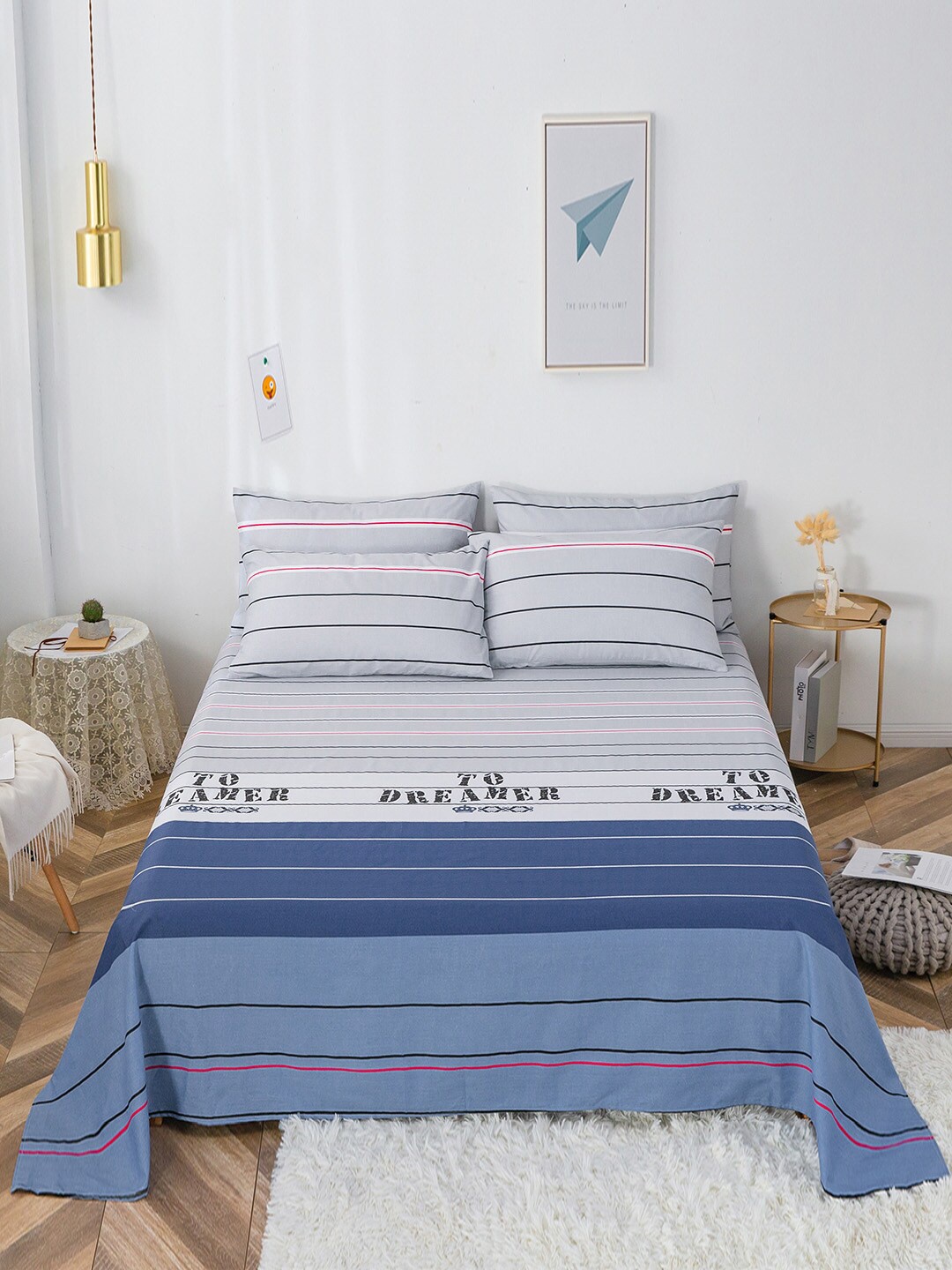 

JC Collection Blue & Grey Striped 200 TC Cotton King Bedsheet