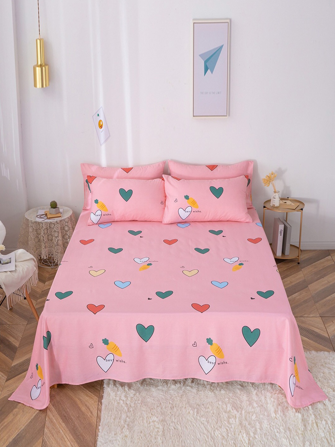 

JC Collection Pink & Green Graphic 200 TC Pure Cotton King Bedsheet with 2 Pillow Covers