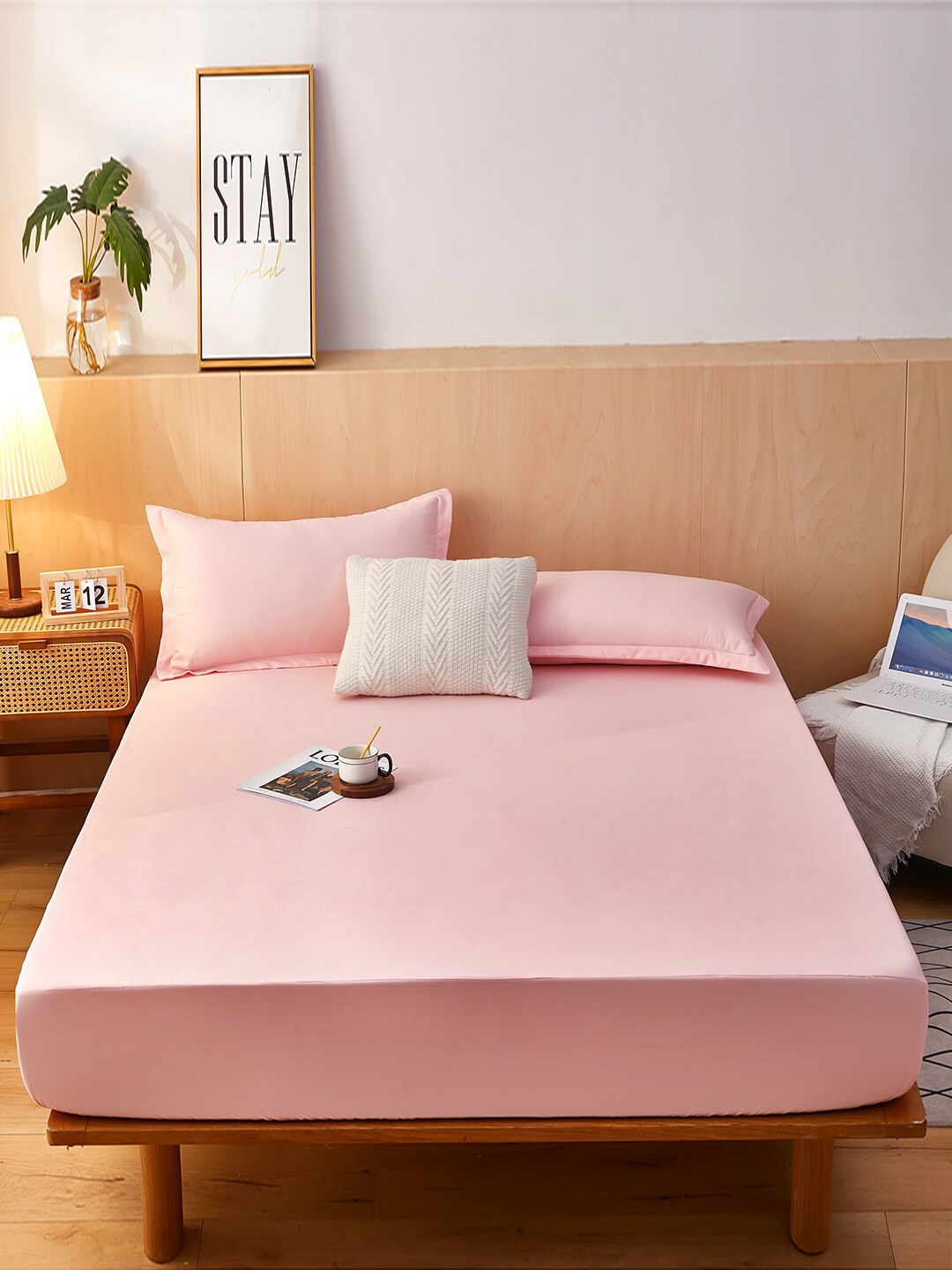 

JC HOME Pink 160 TC Fitted King Bedsheet with 2 Pillow Covers