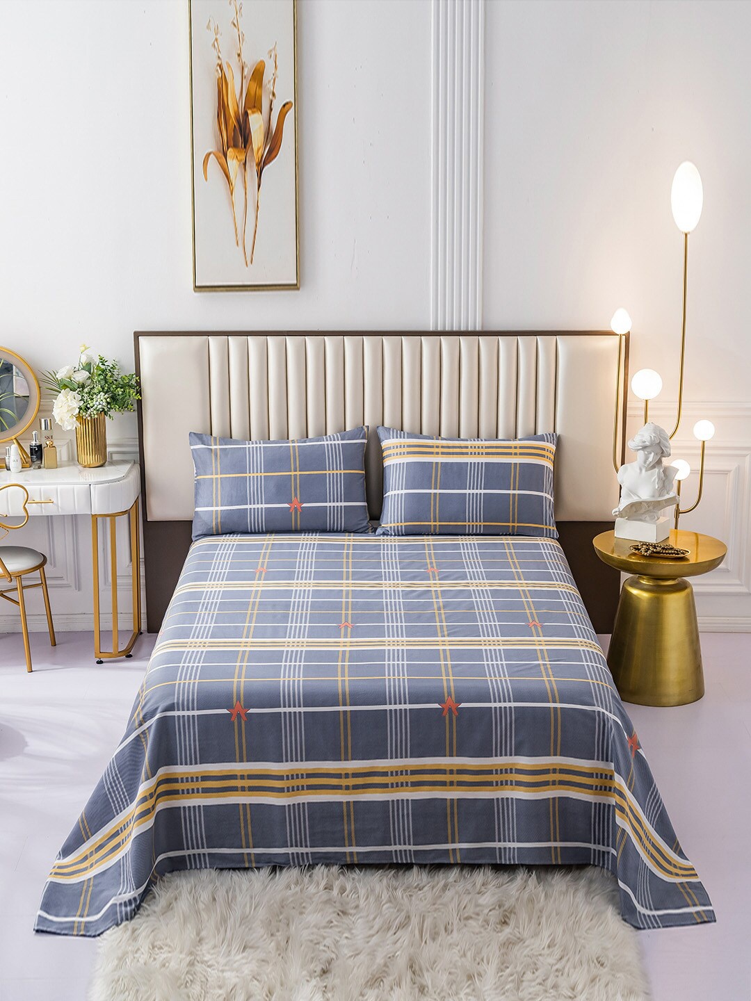 

JC Collection Grey & Yellow 200 TC King Bedsheet with 2 Pillow Covers