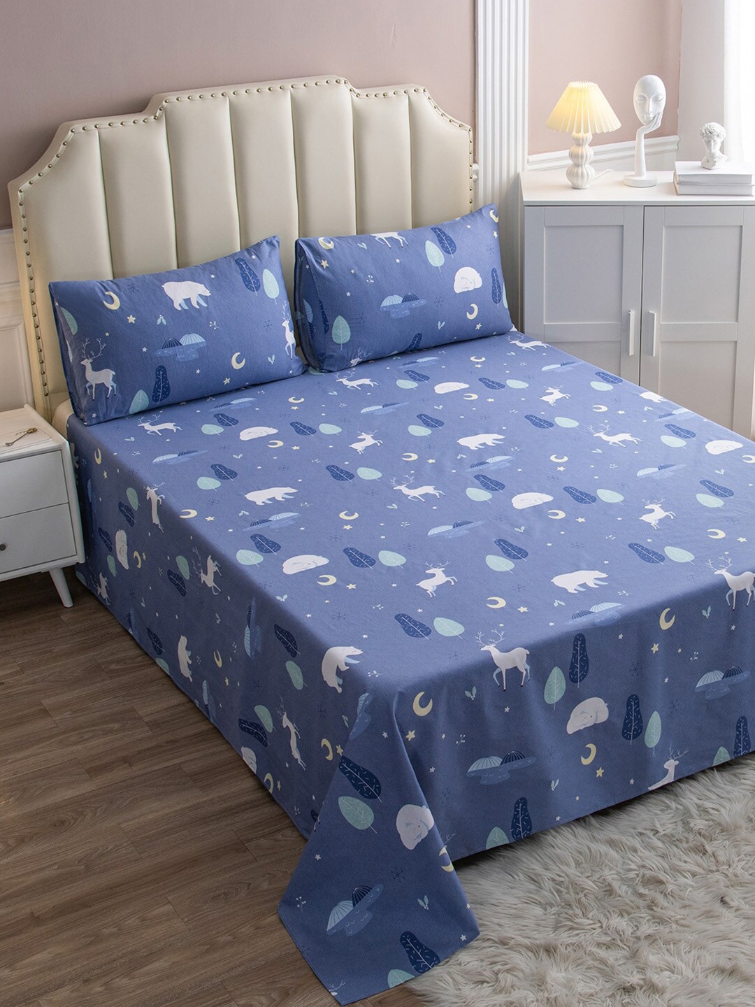 

JC HOME Blue & Green Graphic 200 TC Pure Cotton King Bedsheet