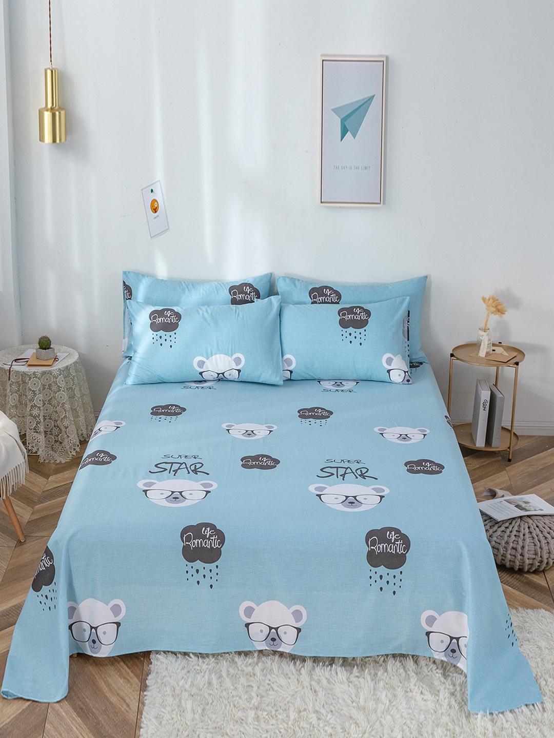 

JC Collection Blue & White 200 TC King Cartoon Cotton Bedsheet with 2 Pillow Covers