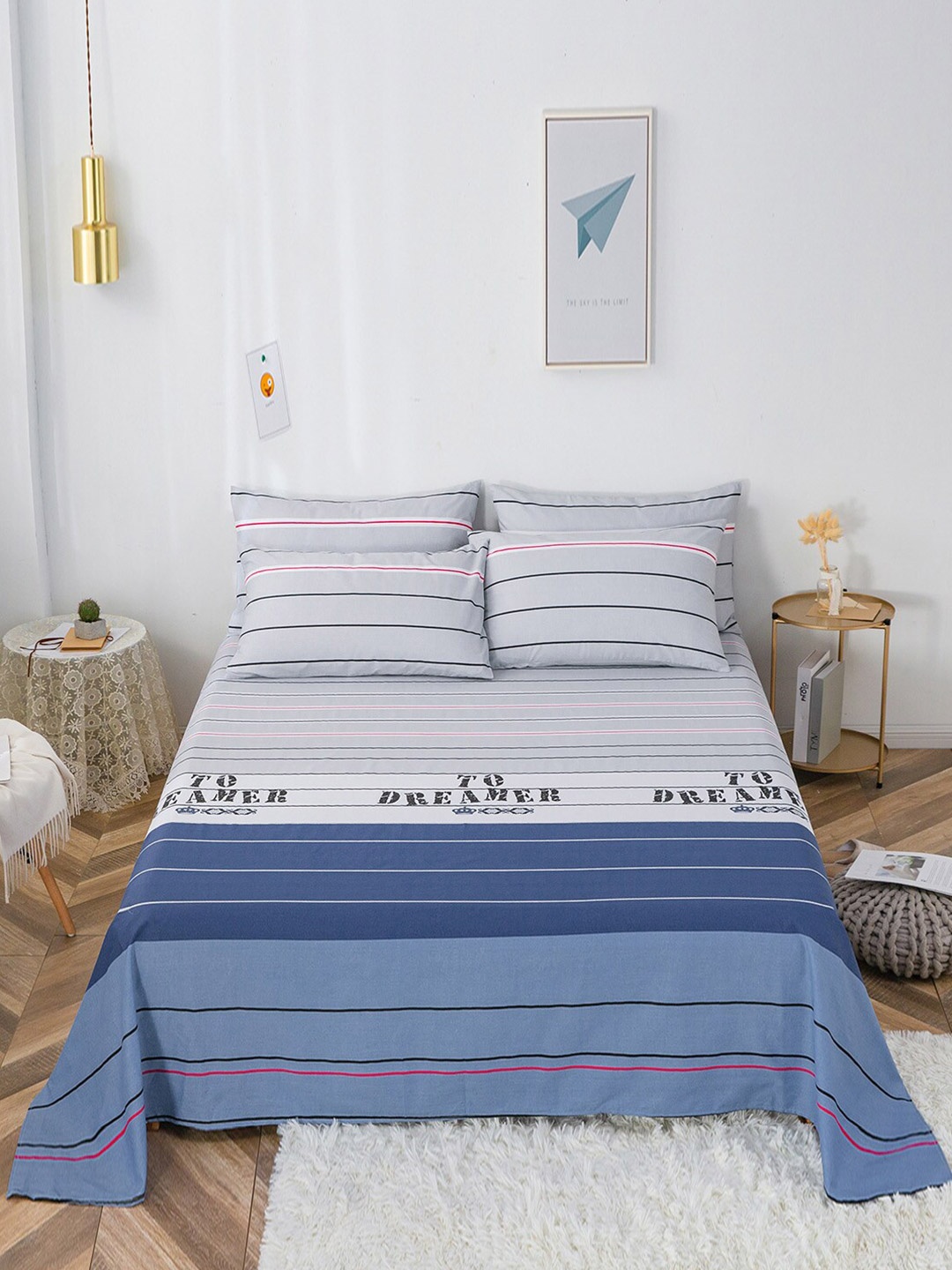 

JC Collection Grey & Blue Striped 200 TC Cotton King Bedsheet with 2 Pillow Covers