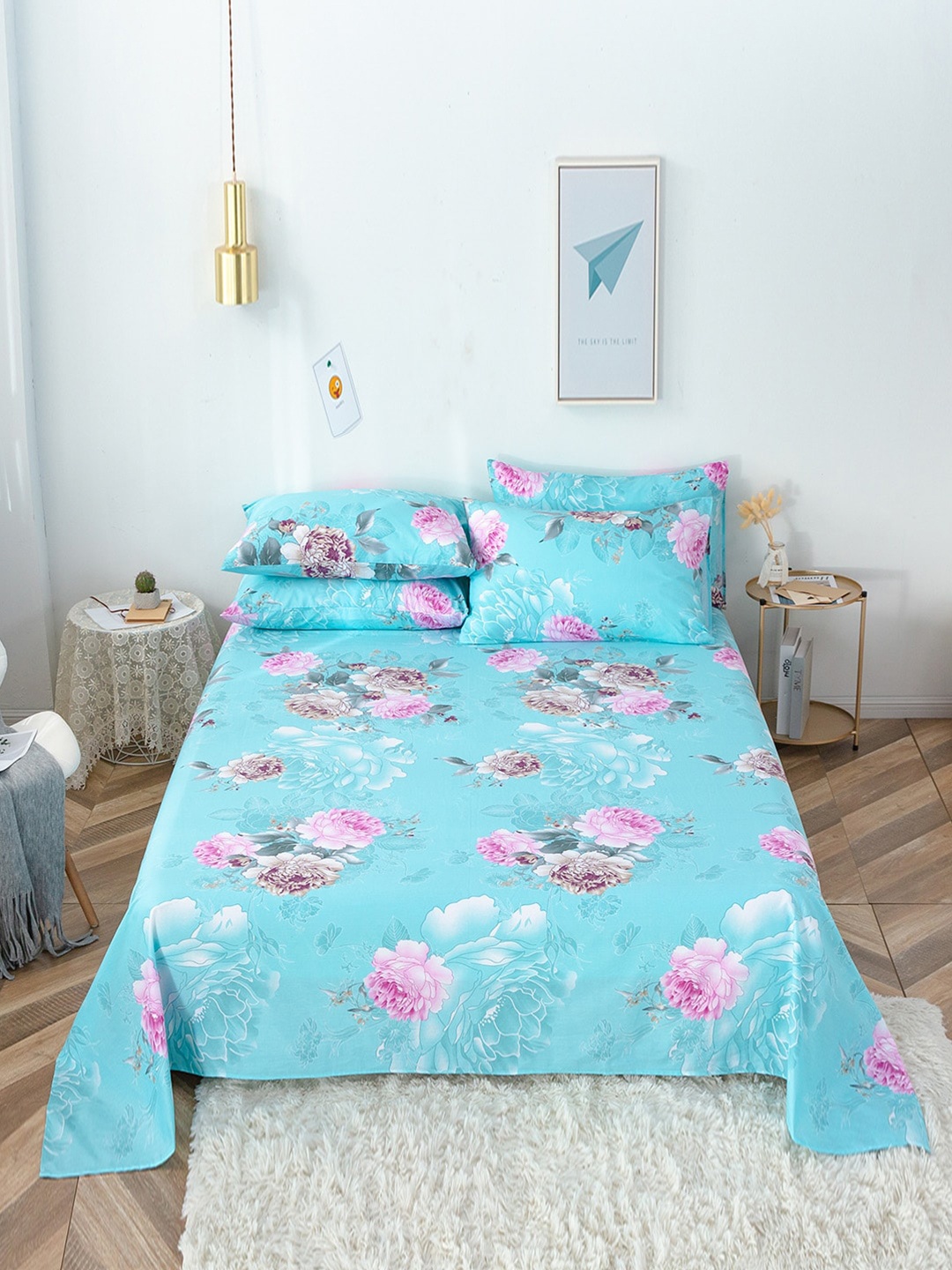 

JC HOME Blue & Pink Floral 200 TC King Bedsheet with 2 Pillow Covers