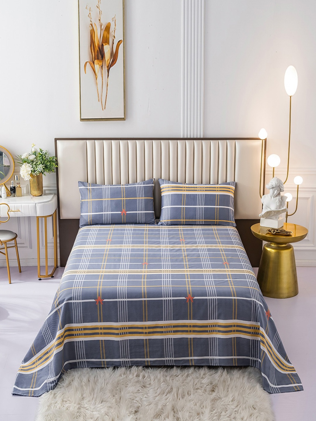

JC Collection Grey & Mustard Geometric 200 TC Cotton King Bedsheet with 2 Pillow Covers