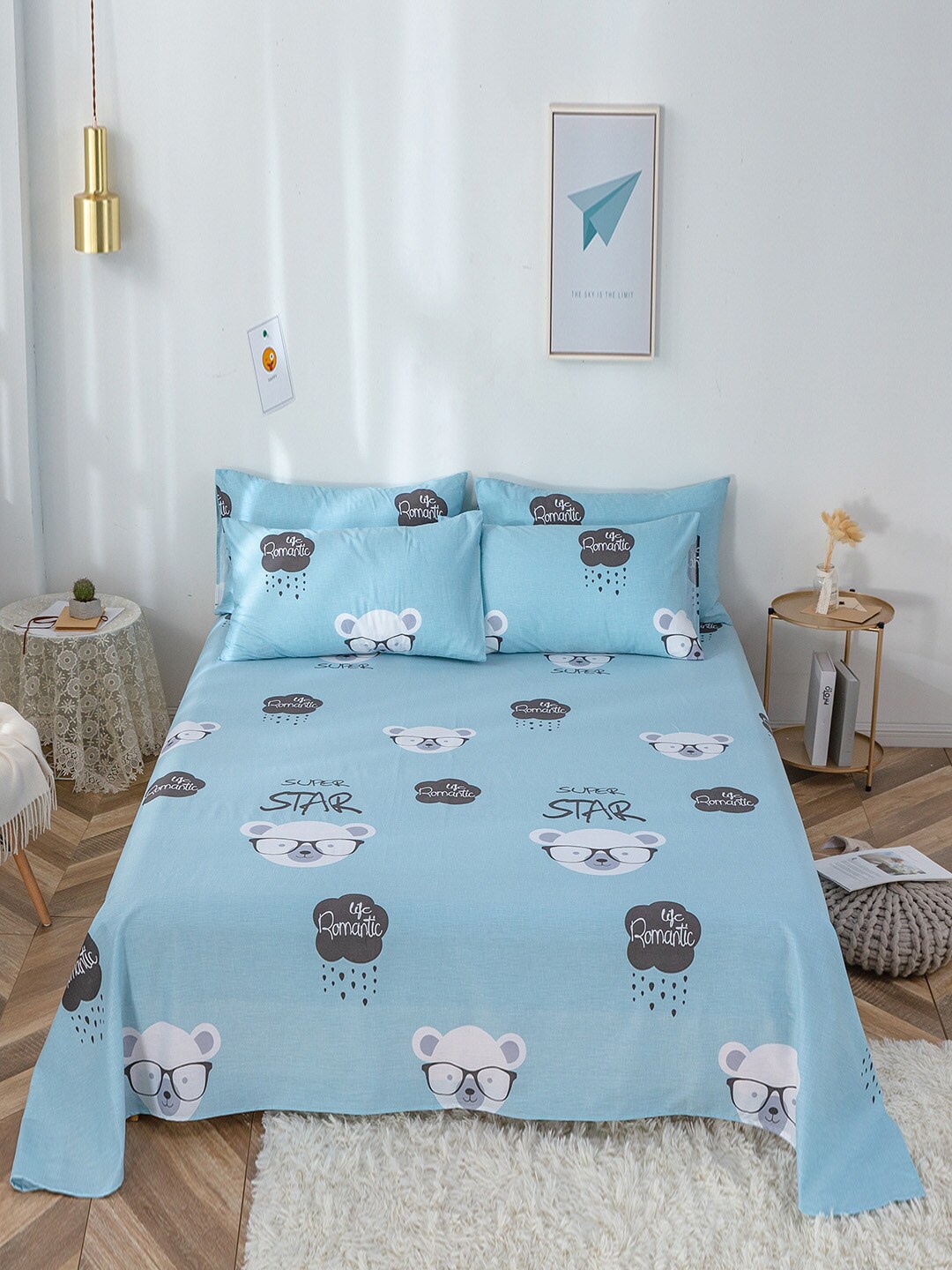 

JC Collection Blue & White Cartoon Characters 200 TC Queen Bedsheet with 2 Pillow Covers