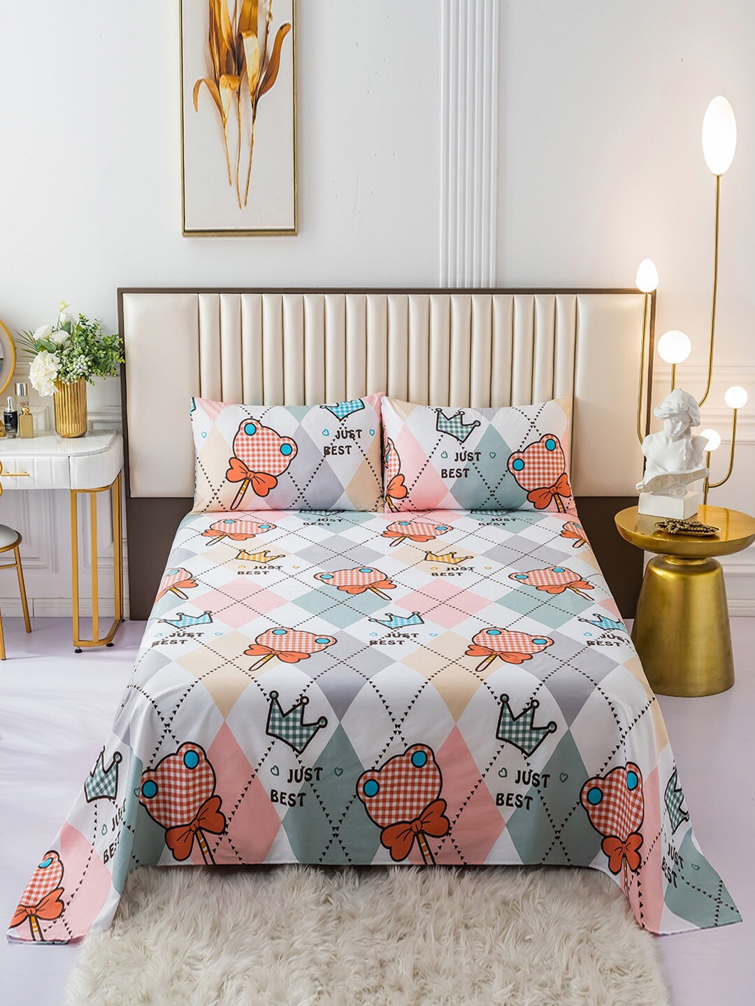

JC Collection White & Pink Floral 200 TC King Bedsheet with 2 Pillow Covers