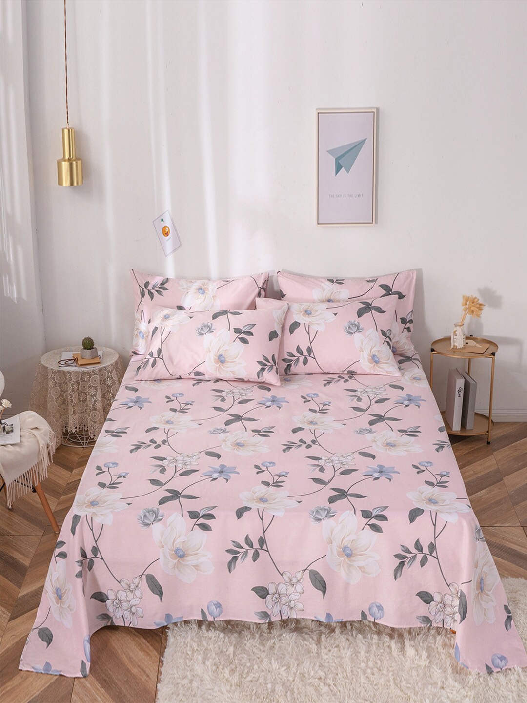 

JC Collection Pink & Grey Floral 200 TC King Bedsheet with Pillow Covers