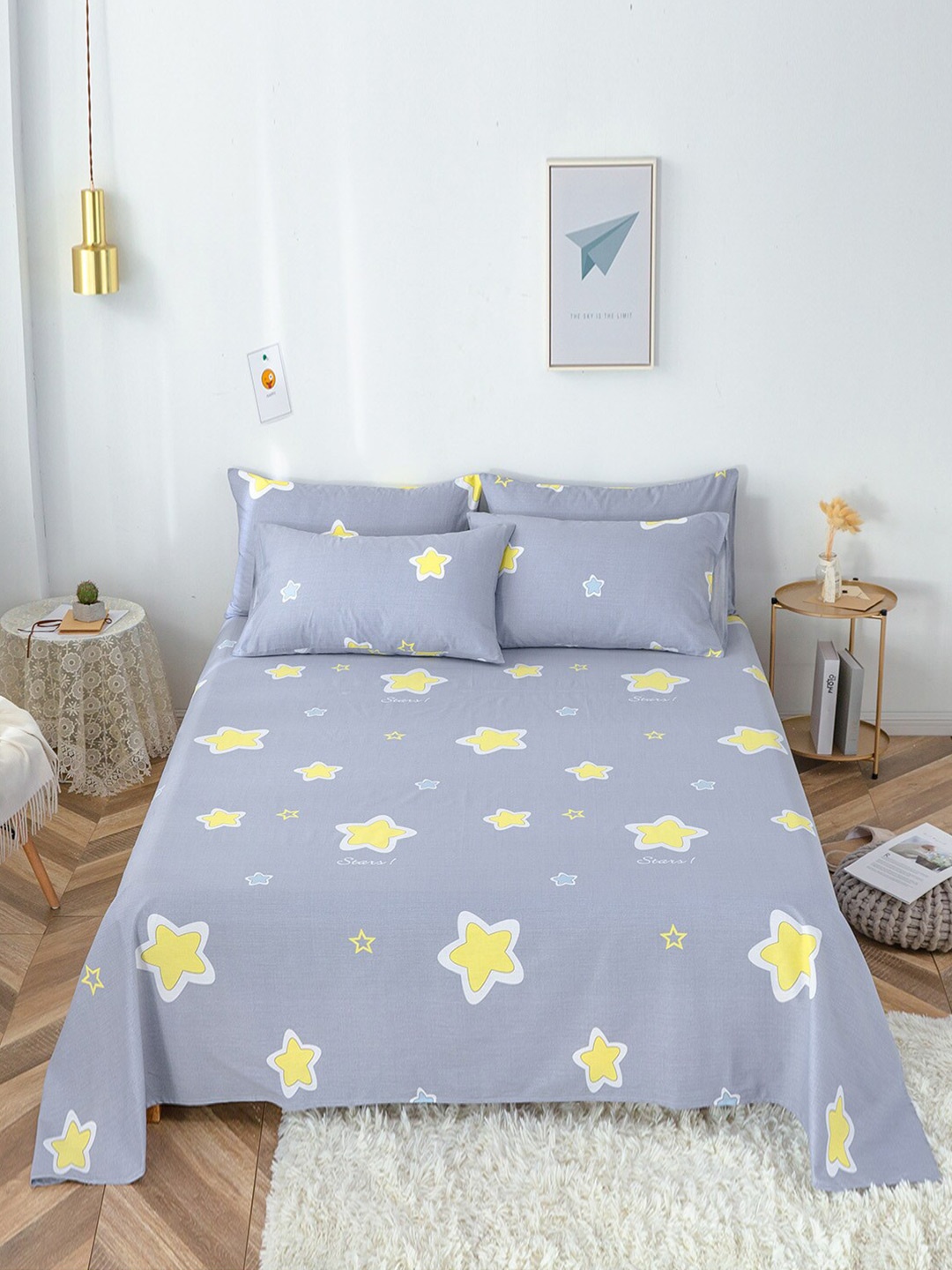 

JC HOME Grey & Yellow Geometric 200 TC King Bedsheet with 2 Pillow Covers