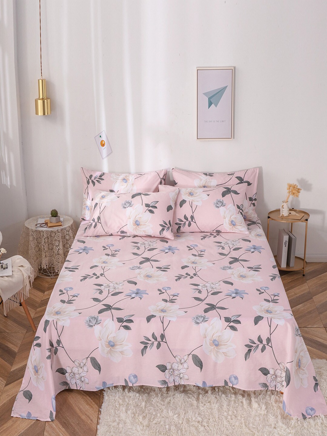 

JC Collection Pink & Grey Floral 200 TC King Bedsheet with 2 Pillow Covers