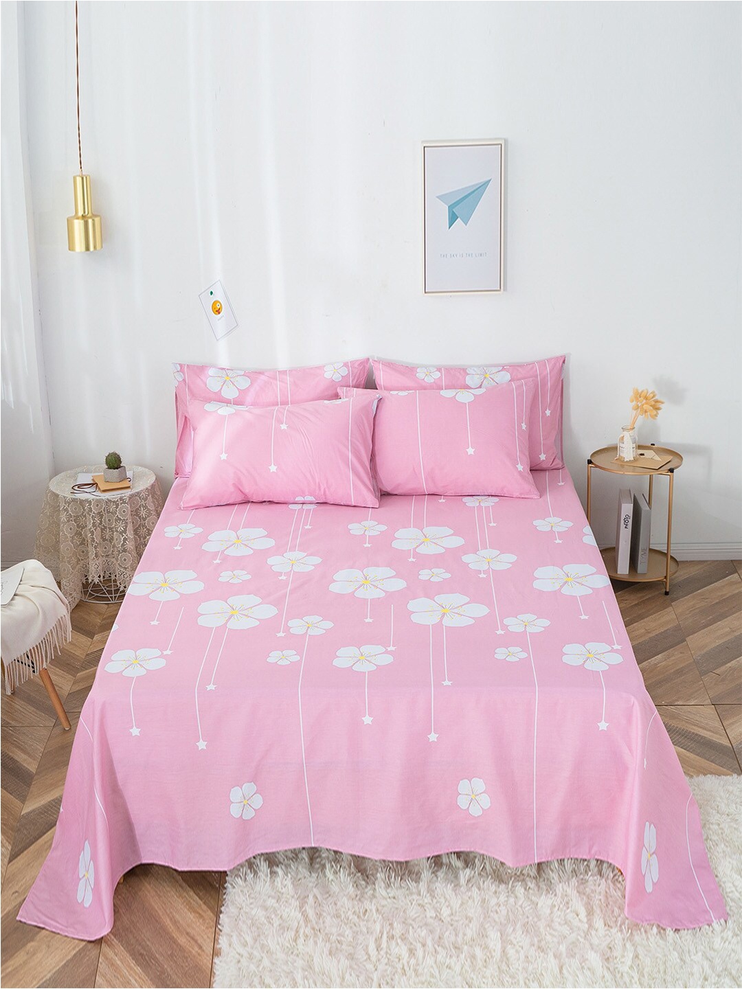 

JC HOME Pink & White Floral 200 TC King Bedsheet with 2 Pillow Covers