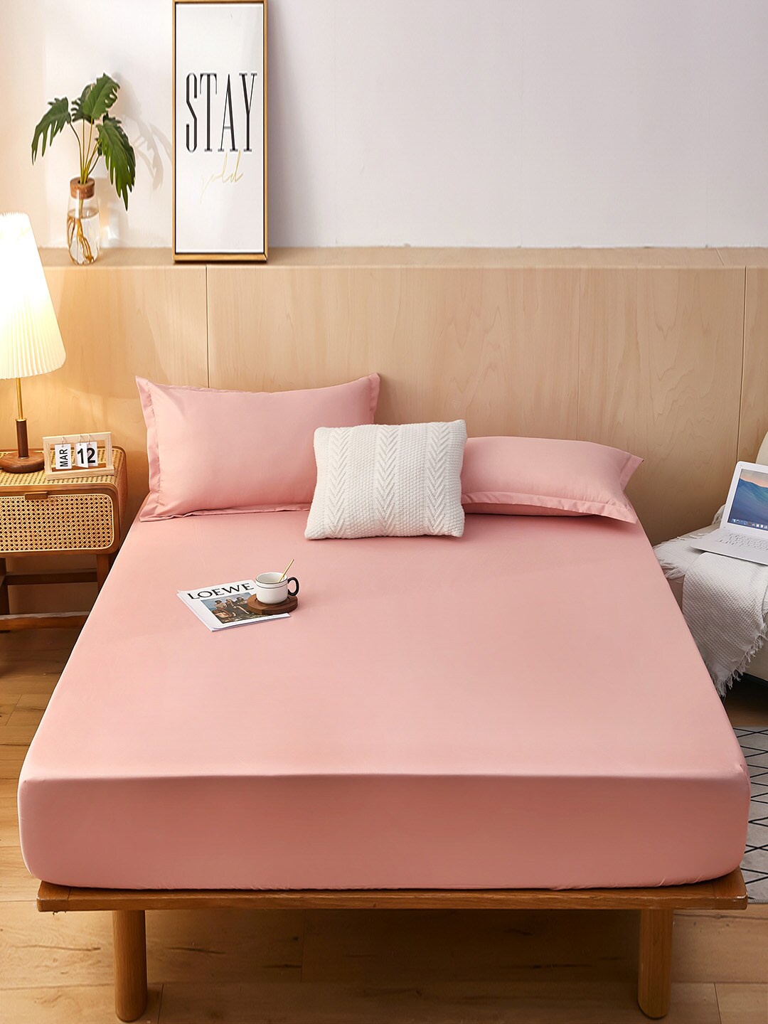 

JC HOME Peach-Coloured 160 TC Fitted Queen Bedsheet with 2 Pillow Covers