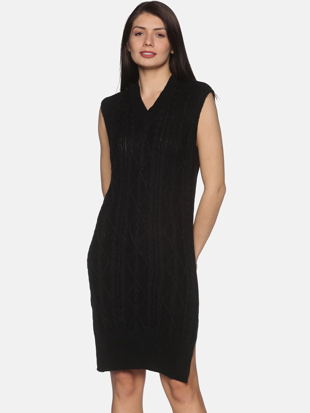 

DAiSY Black Textured V-Neck Sleeveless Sheath Dress for Winter