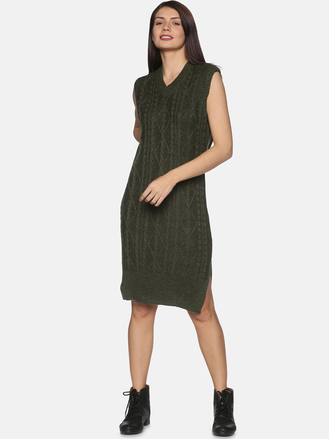 

DAiSY Olive Green Striped Sweater Dress