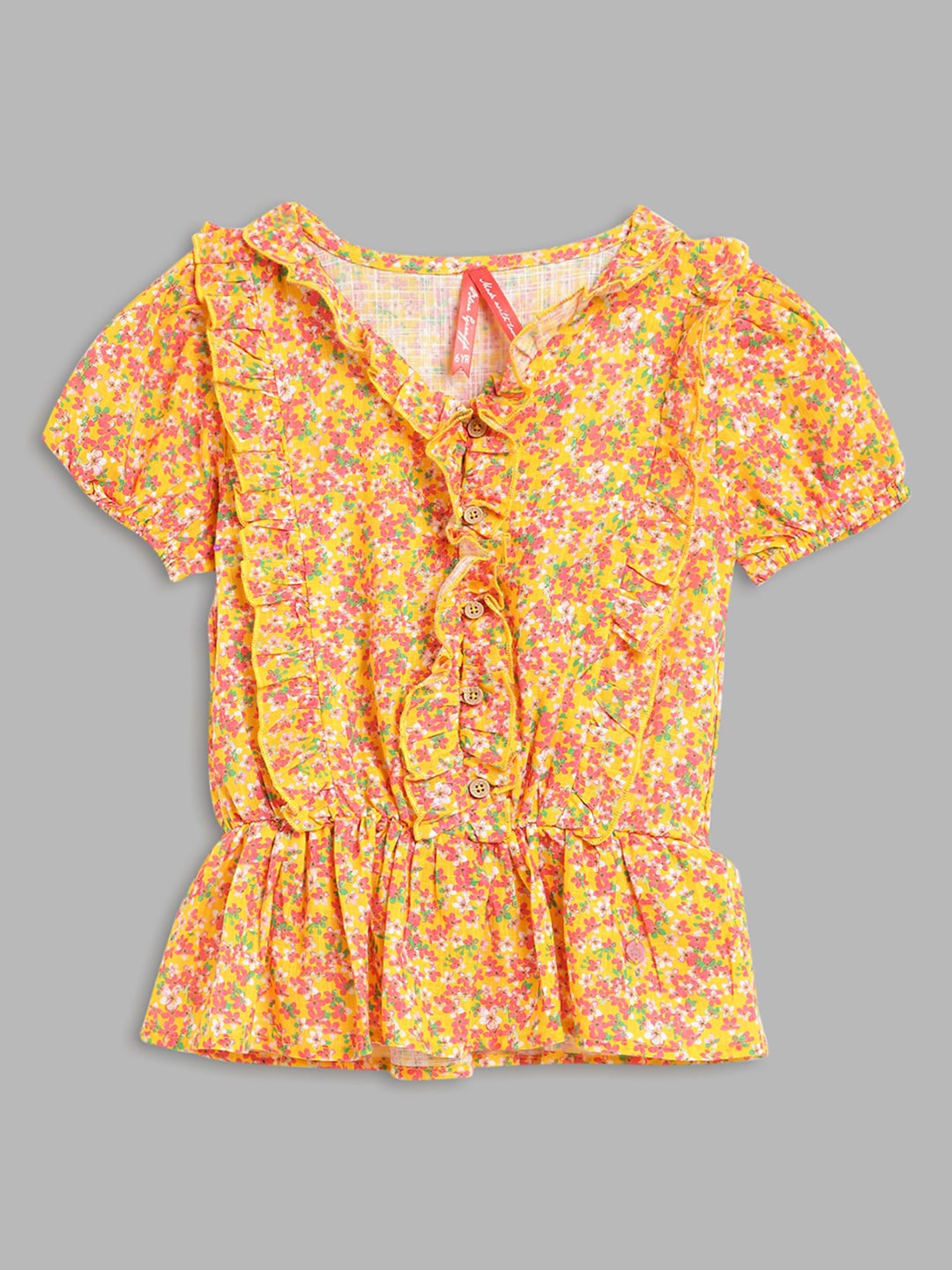 

Blue Giraffe Girls Yellow Floral Print Tie-Up Neck Cinched Waist Cotton Top