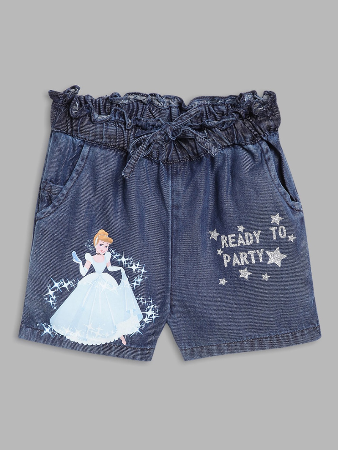 

Blue Giraffe Girls Blue Humour and Comic Printed Disney Princess Cotton Denim Shorts