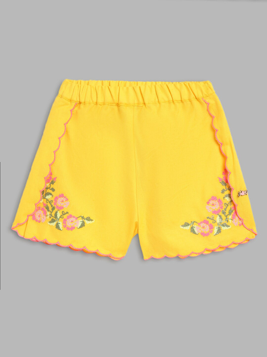 

Blue Giraffe Girls Yellow Embroidered Shorts
