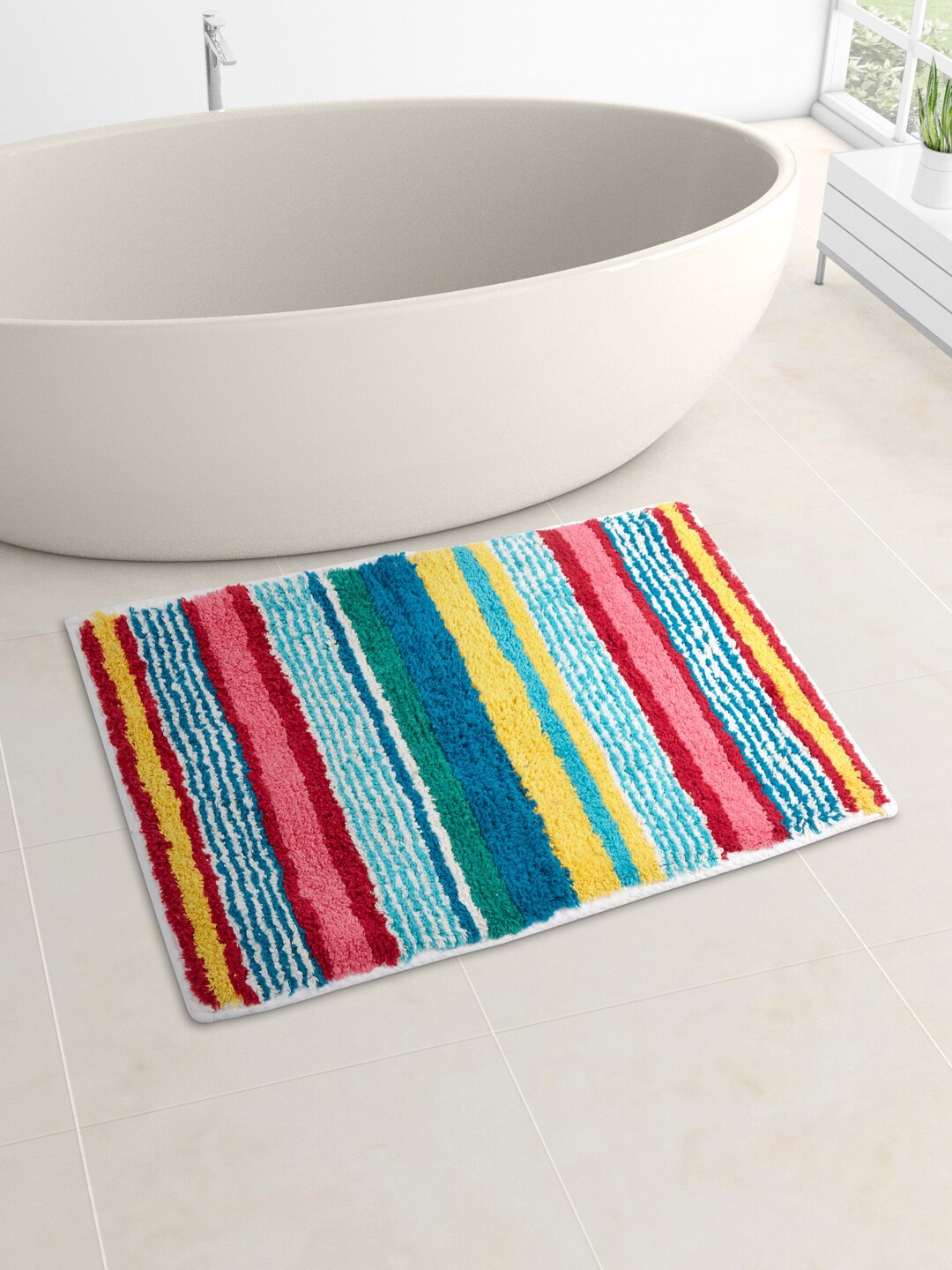 

Living scapes by Pantaloons Yellow & Blue Striped 1600 GSM Pure Cotton Bath Rugs