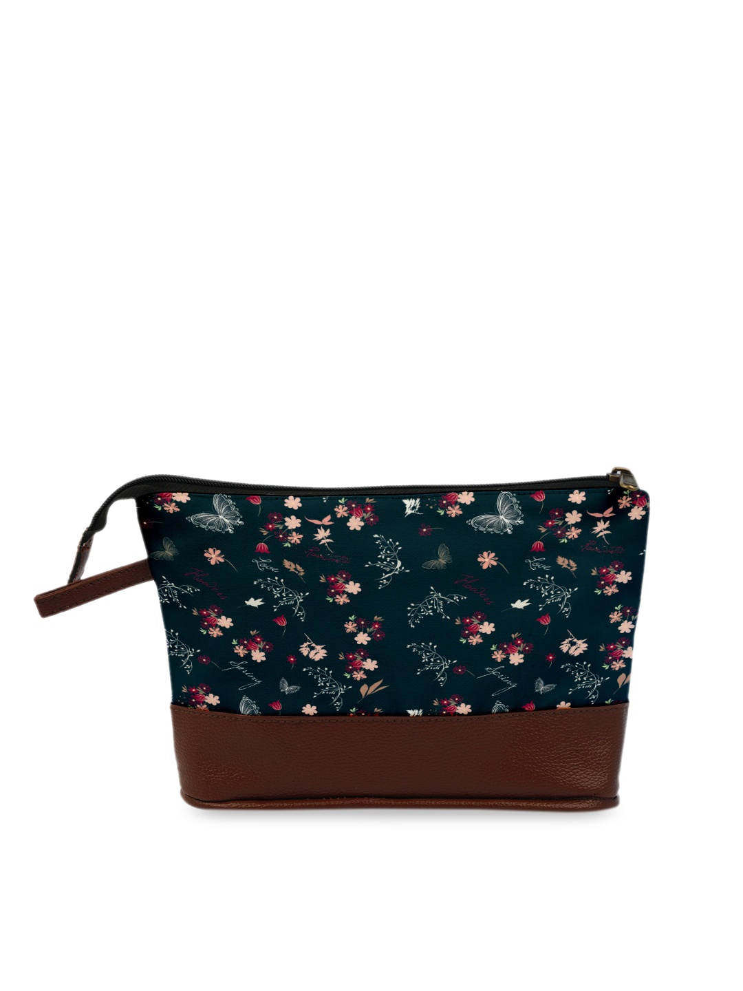 

Crazy Corner Teal Blue & Brown Floral Printed PU Makeup Pouch