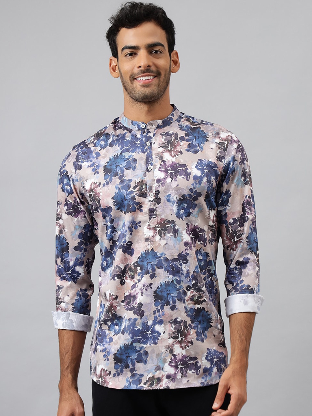 

MR BUTTON Men Peach-Coloured & Blue Floral Printed Kurta