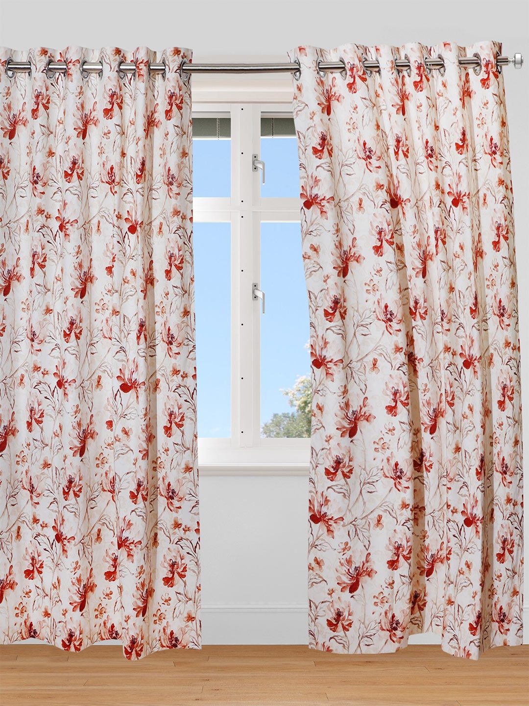 

ZEBA White & Orange Floral Printed Cotton Door Curtain