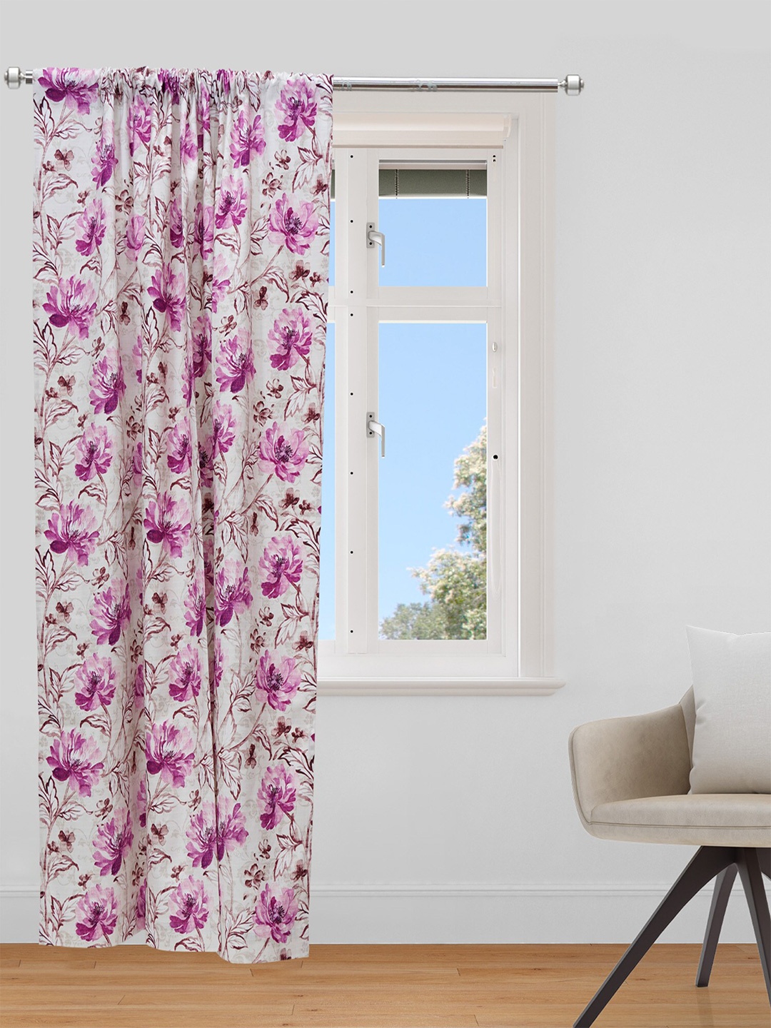 

ZEBA Beige & Magenta Floral Digital Printed Cotton Door Curtain