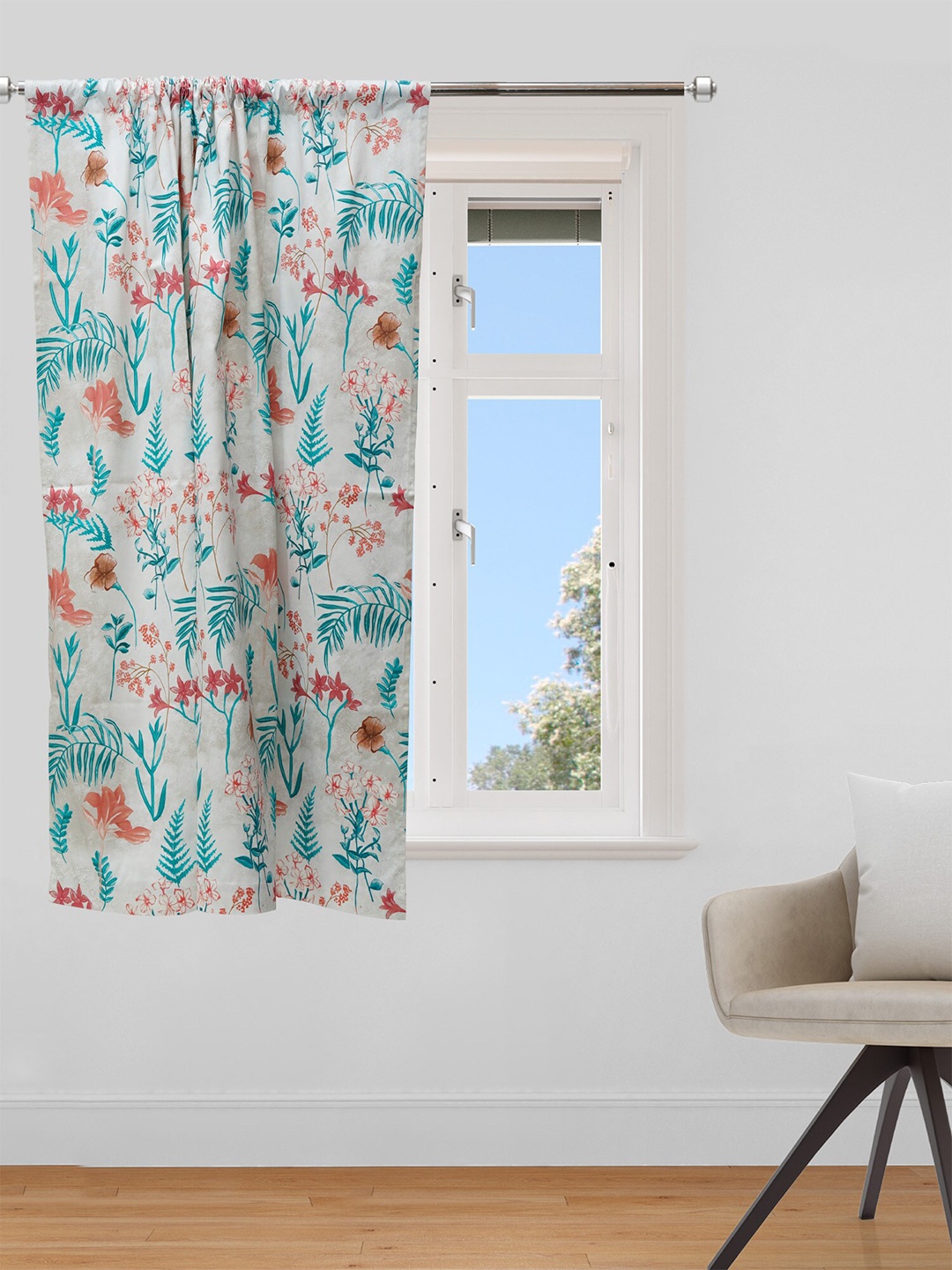 

ZEBA Off White & Peach-Coloured Floral Cotton Window Curtain