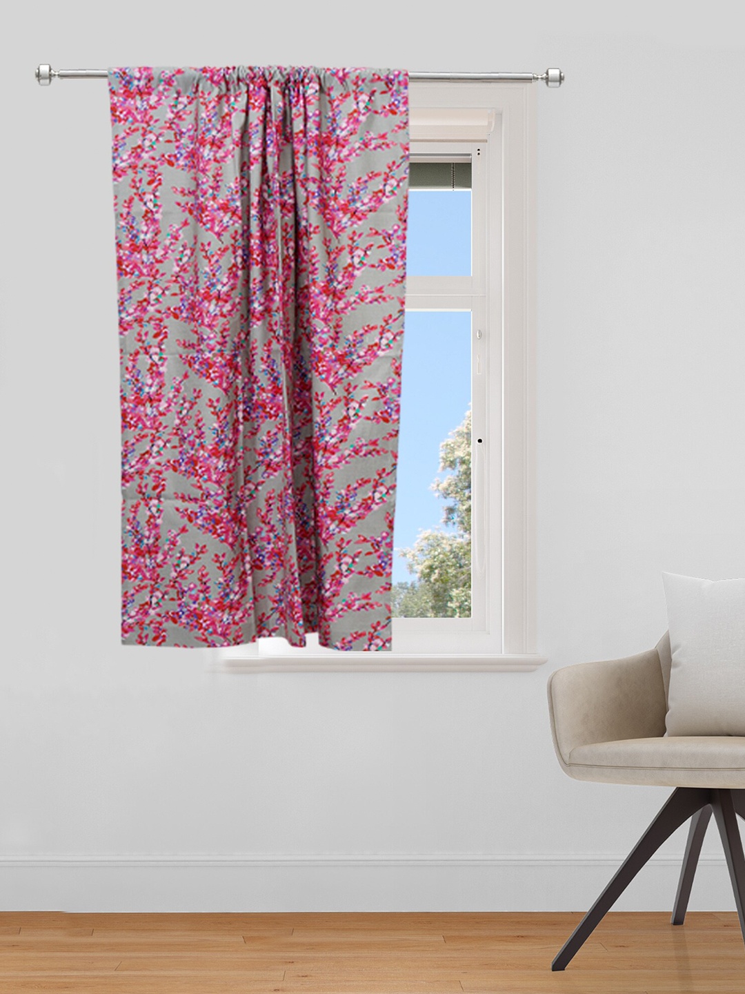 

ZEBA Pink & Grey Floral Single Window Curtain