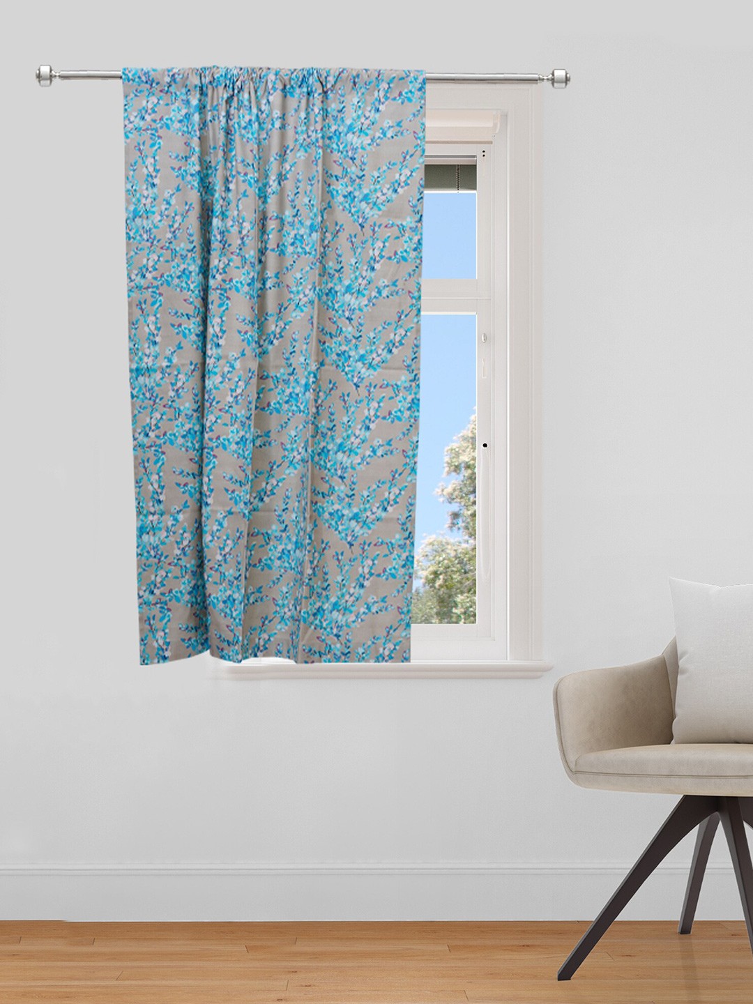 

ZEBA Blue & Grey Floral Printed Cotton Window Curtain