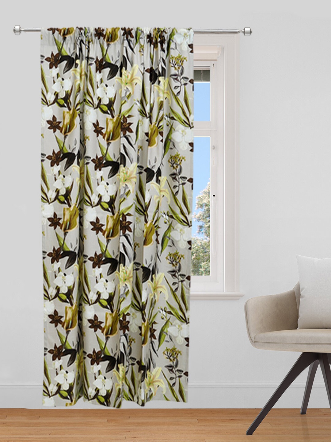 

ZEBA Grey & Green Floral Single Door Curtain